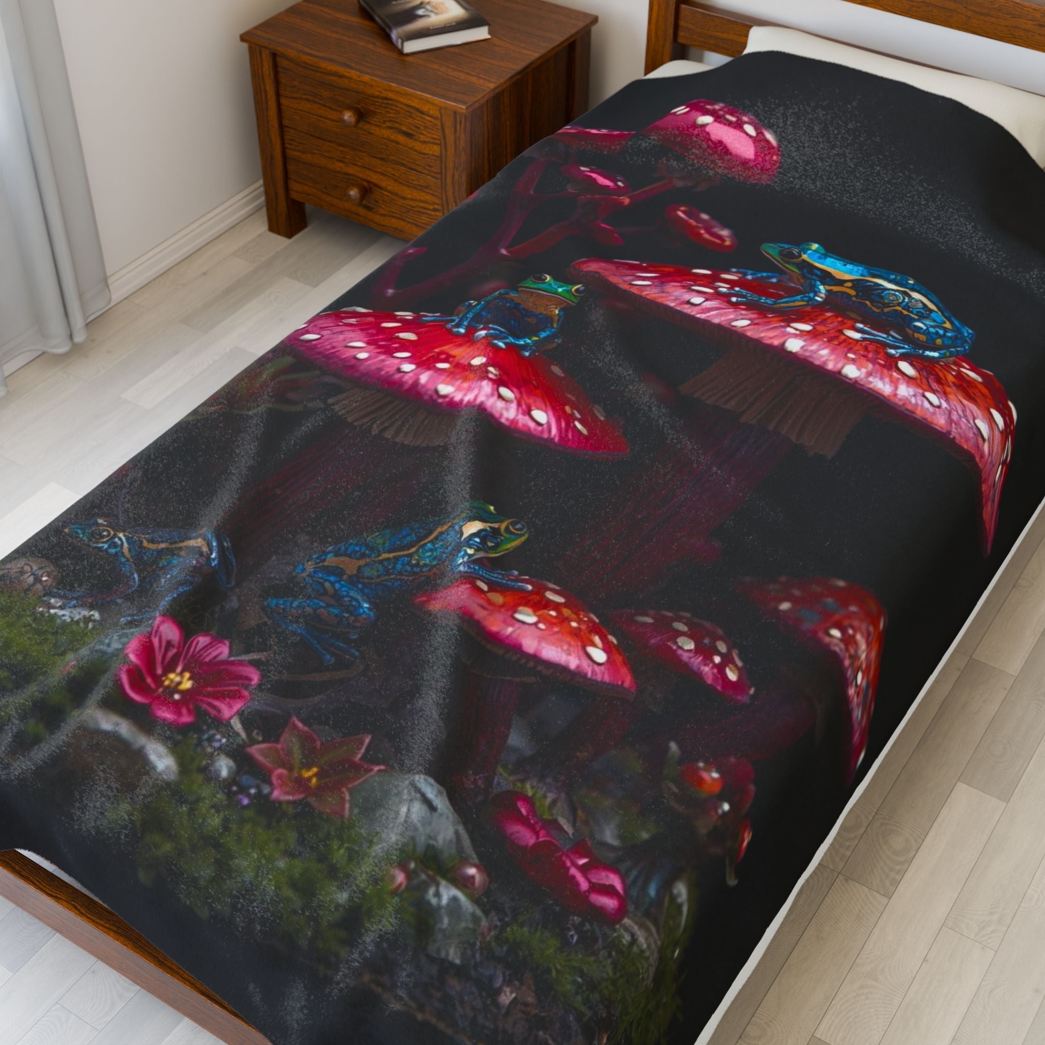 Velveteen Plush Blanket — Mystic Mushroom & Frog Forest Throw