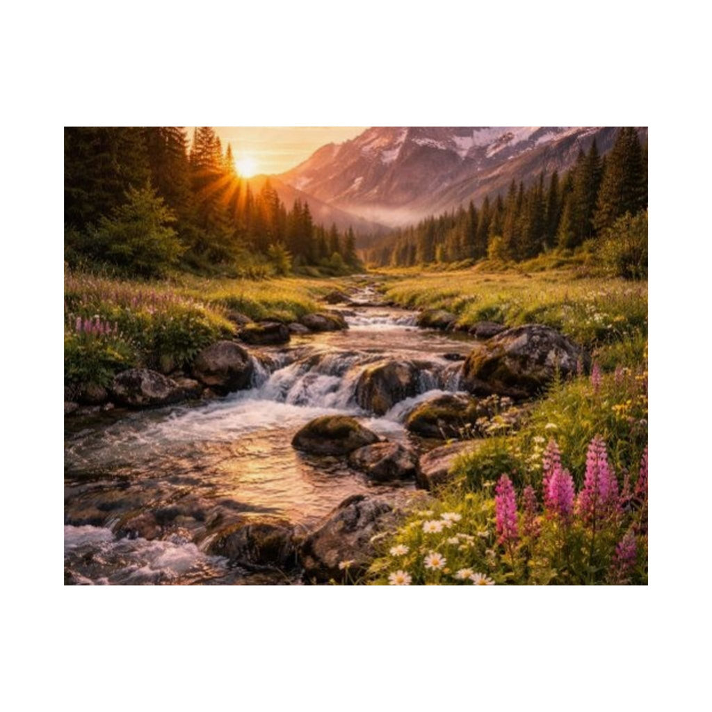 Satin Poster – Golden Mountain Stream Landscape Sunset Print