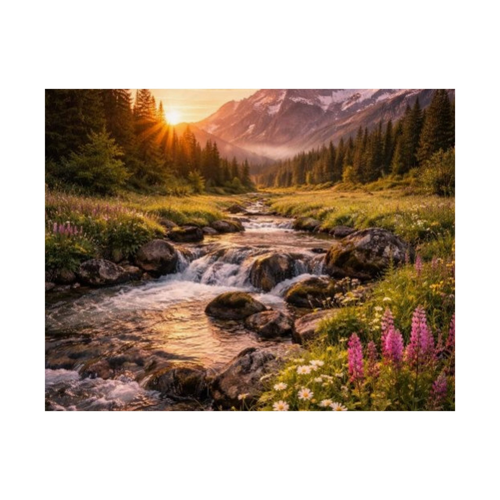 Satin Poster – Golden Mountain Stream Landscape Sunset Print
