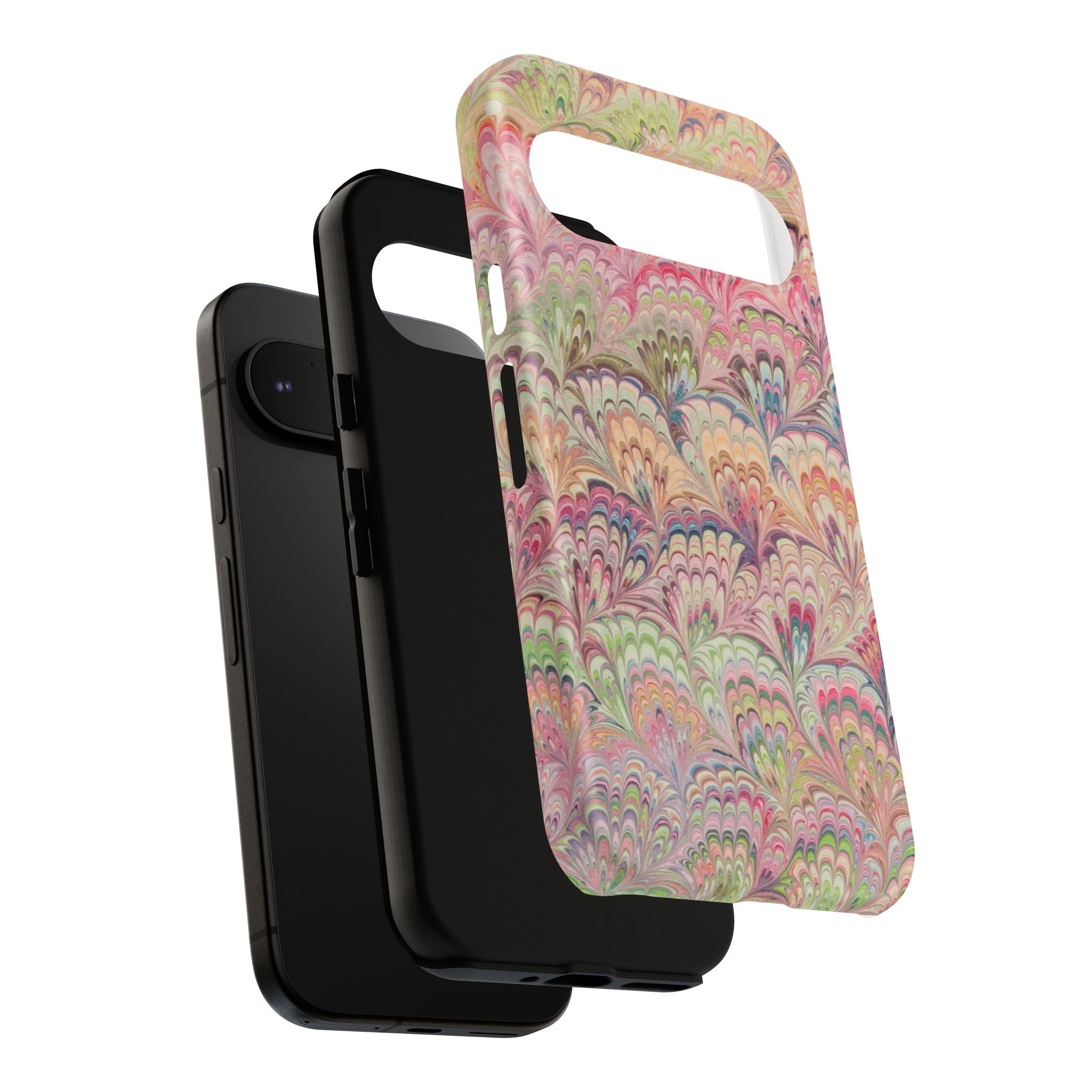 Pastel Pink + Green Feather Marbled Phone Case - Dual Layer Phone Cover