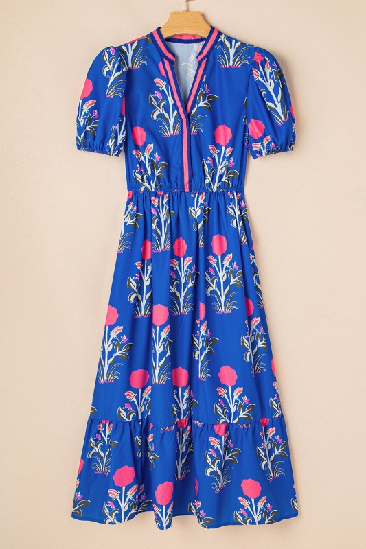 Julietta Floral Puff Short Sleeve V Neck High Waist Dress