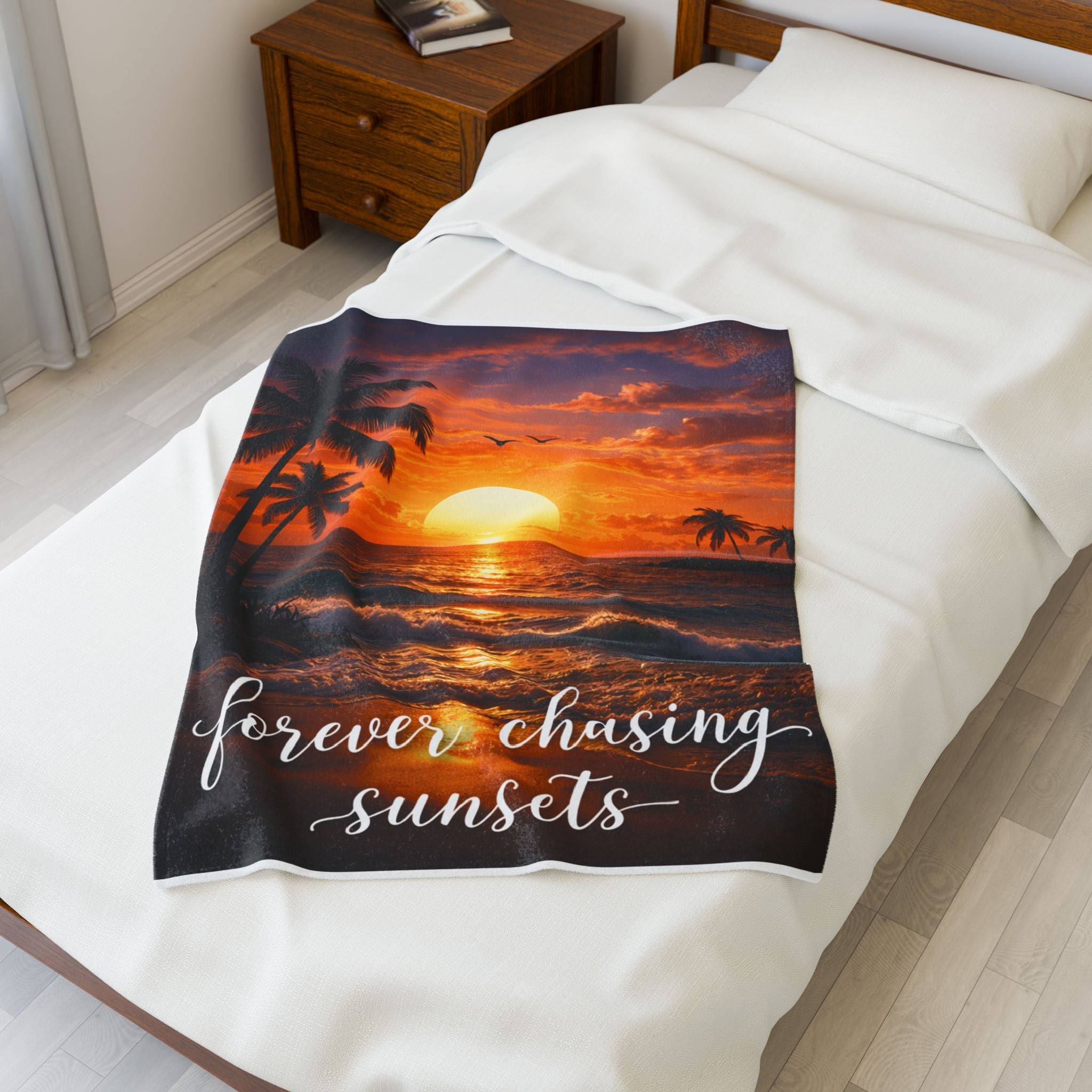 Velveteen Plush Blanket — "Forever Chasing Sunsets" Tropical Sunset Throw