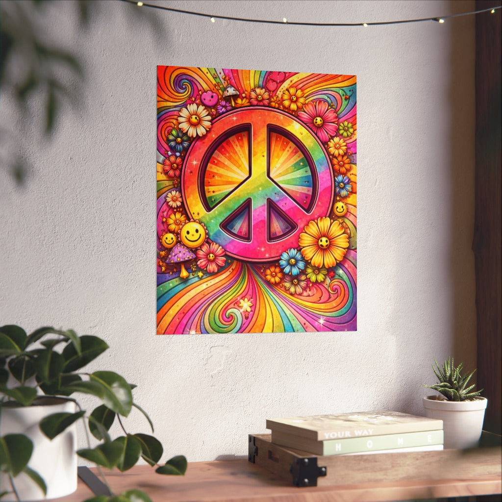 Rainbow Peace Sign Poster — Retro Hippie Matte Vertical Wall Art