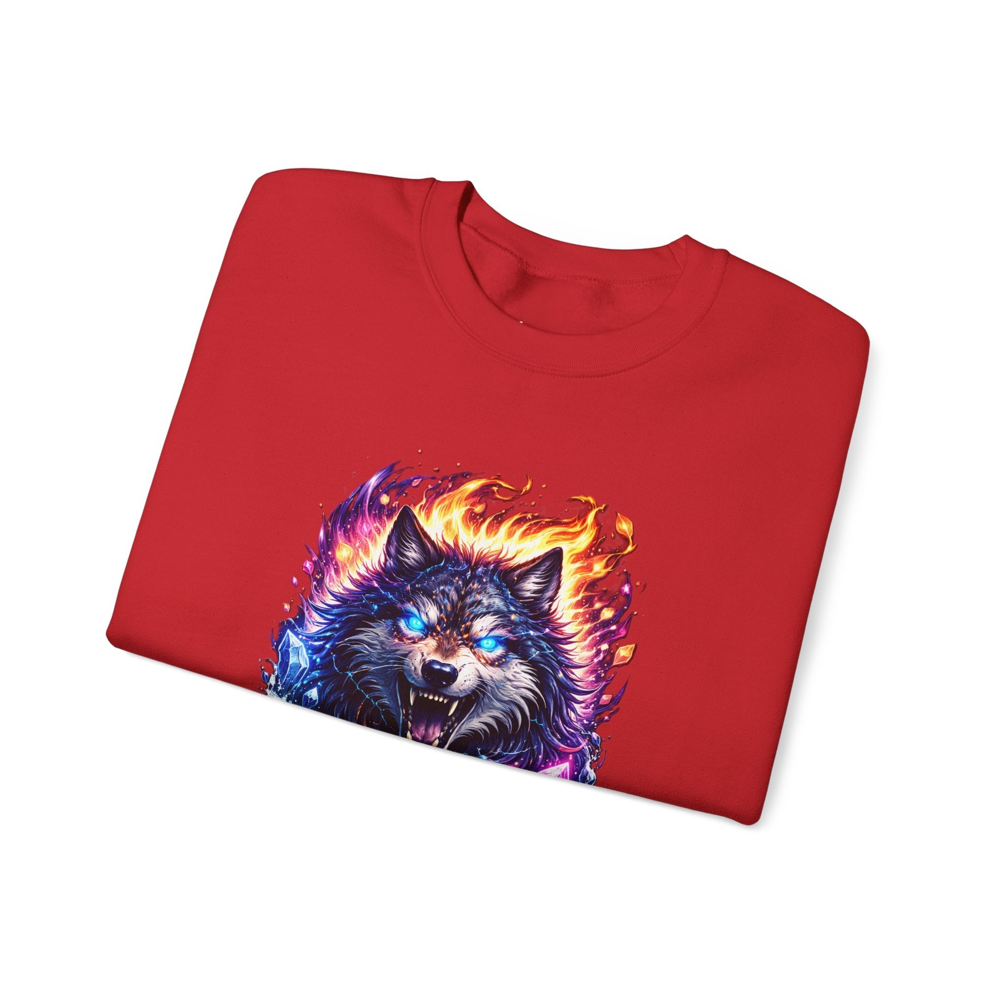 Cosmic Wolf Crewneck Sweatshirt — Neon Fire & Ice Wolf Graphic