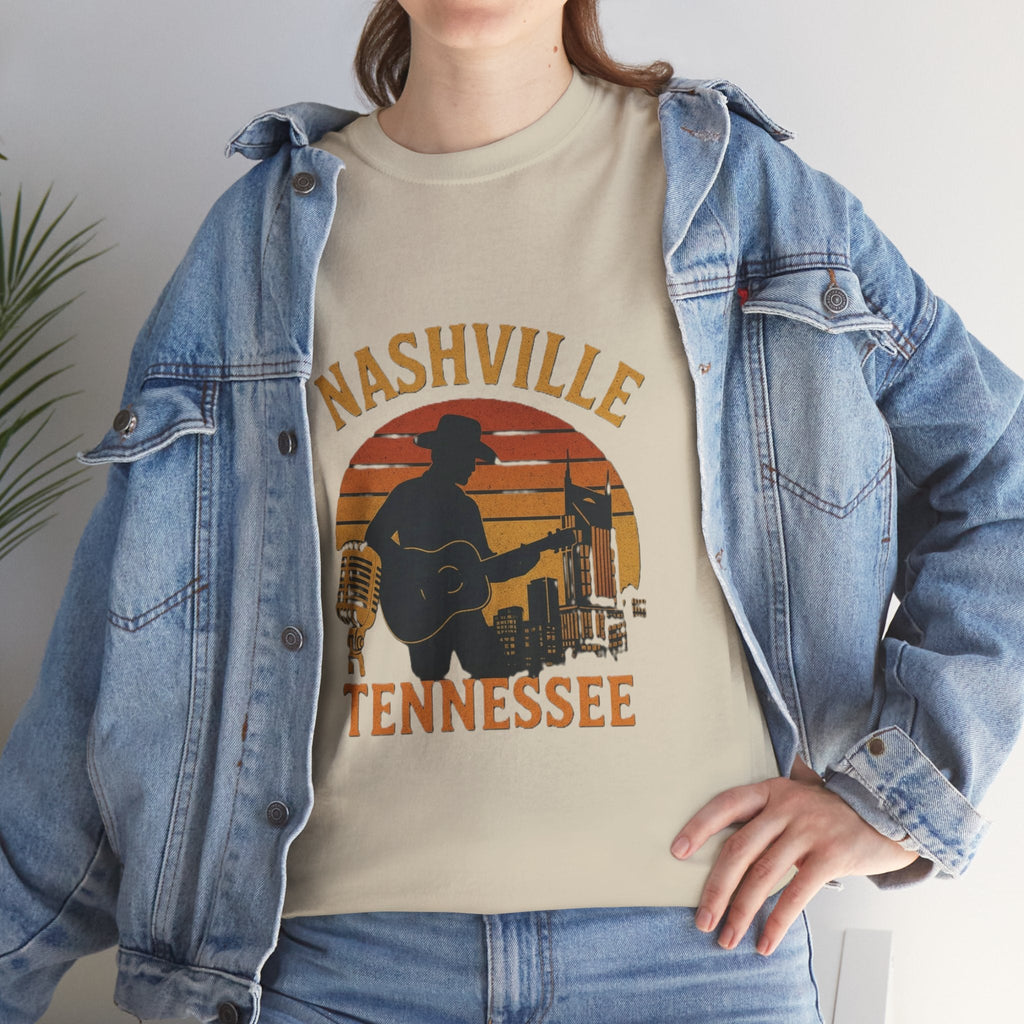 Nashville Tennessee Guitar Silhouette Tee — Retro Sunset Country Music T-Shirt