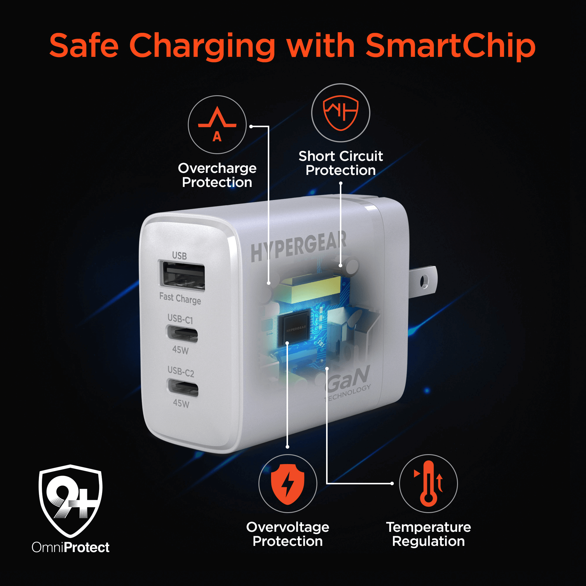 HyperGear SpeedBoost 45W USB-C PD Tri-Port GaN Fast Wall Charger with PPS