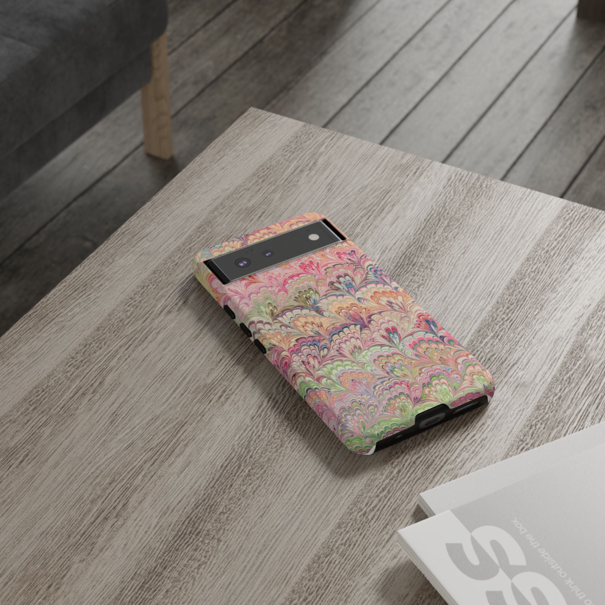 Pastel Pink + Green Feather Marbled Phone Case - Dual Layer Phone Cover