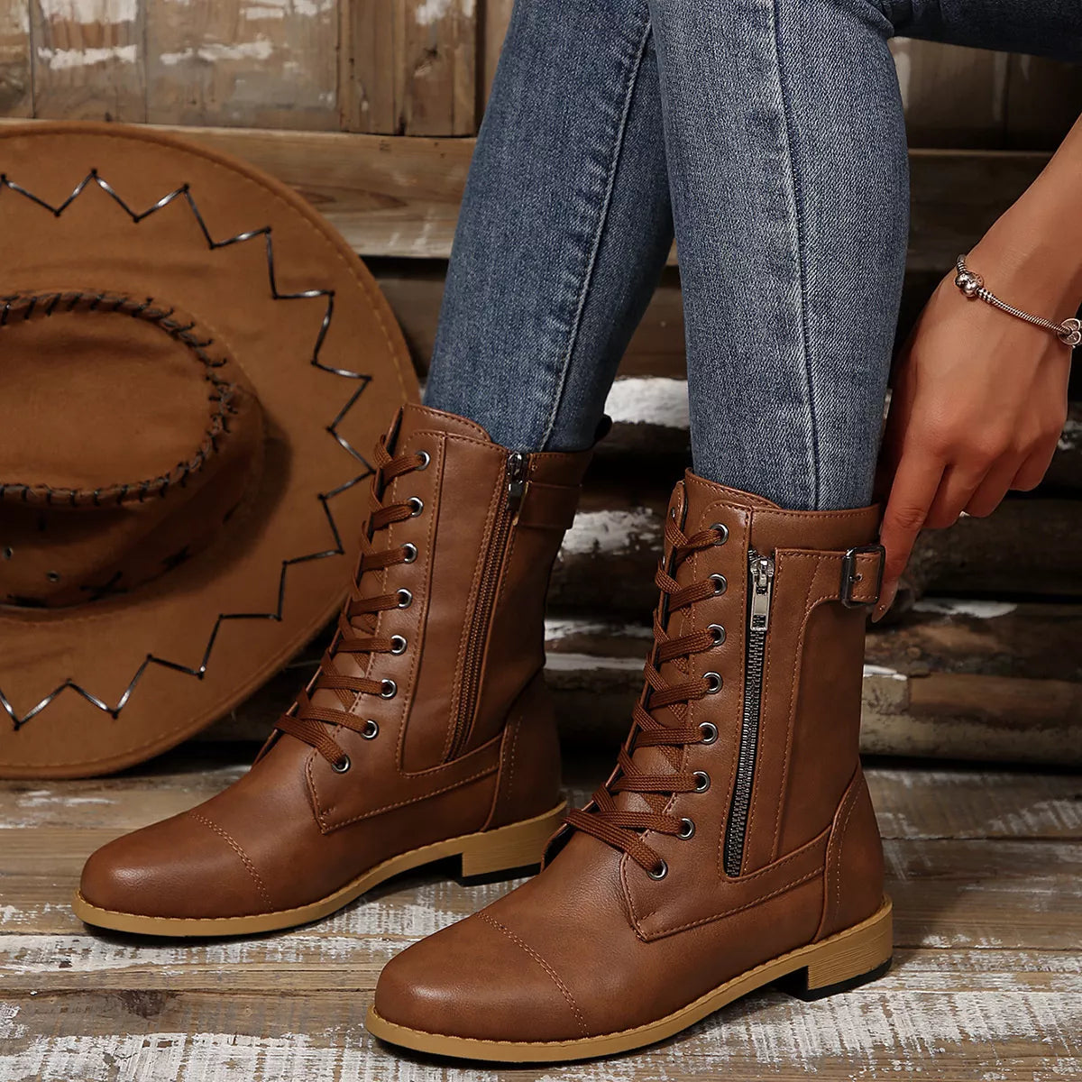 Round Toe Block Heels Boots
