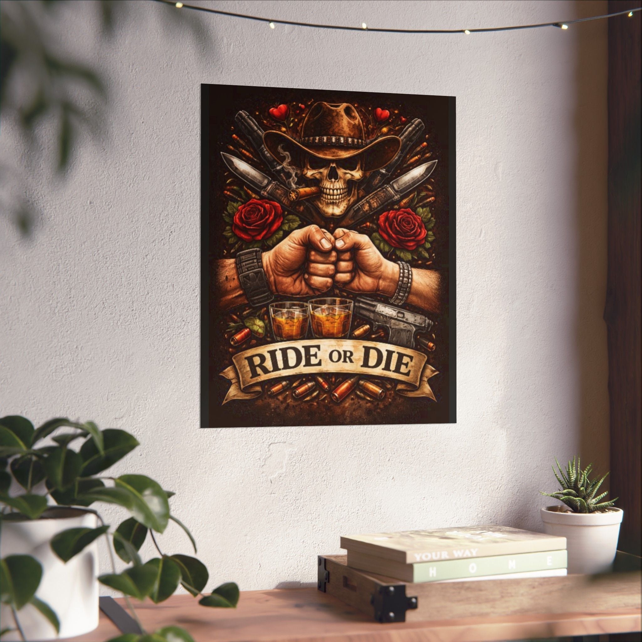 Ride or Die Skull Poster — Cowboy Skull, Fist Bump Motorcycle Bar Art