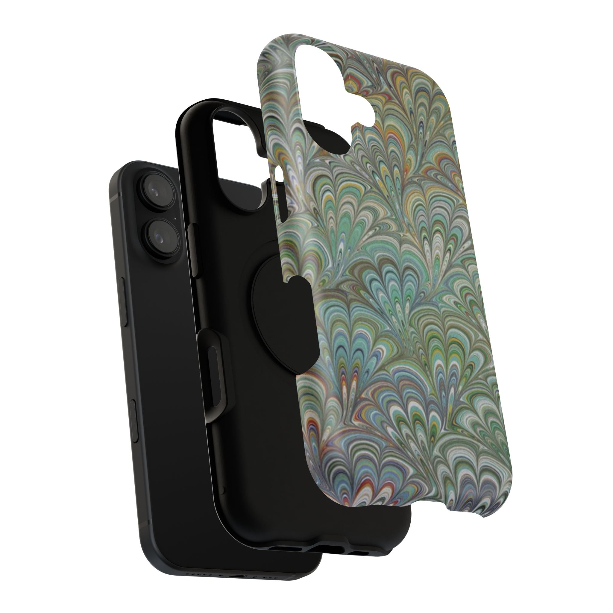 iPhone17 + All Models Phone Cases, Italian Peacock Feather Design, Stylish Impact-Resistant Shell, Protective Cover, Green Peacock Print