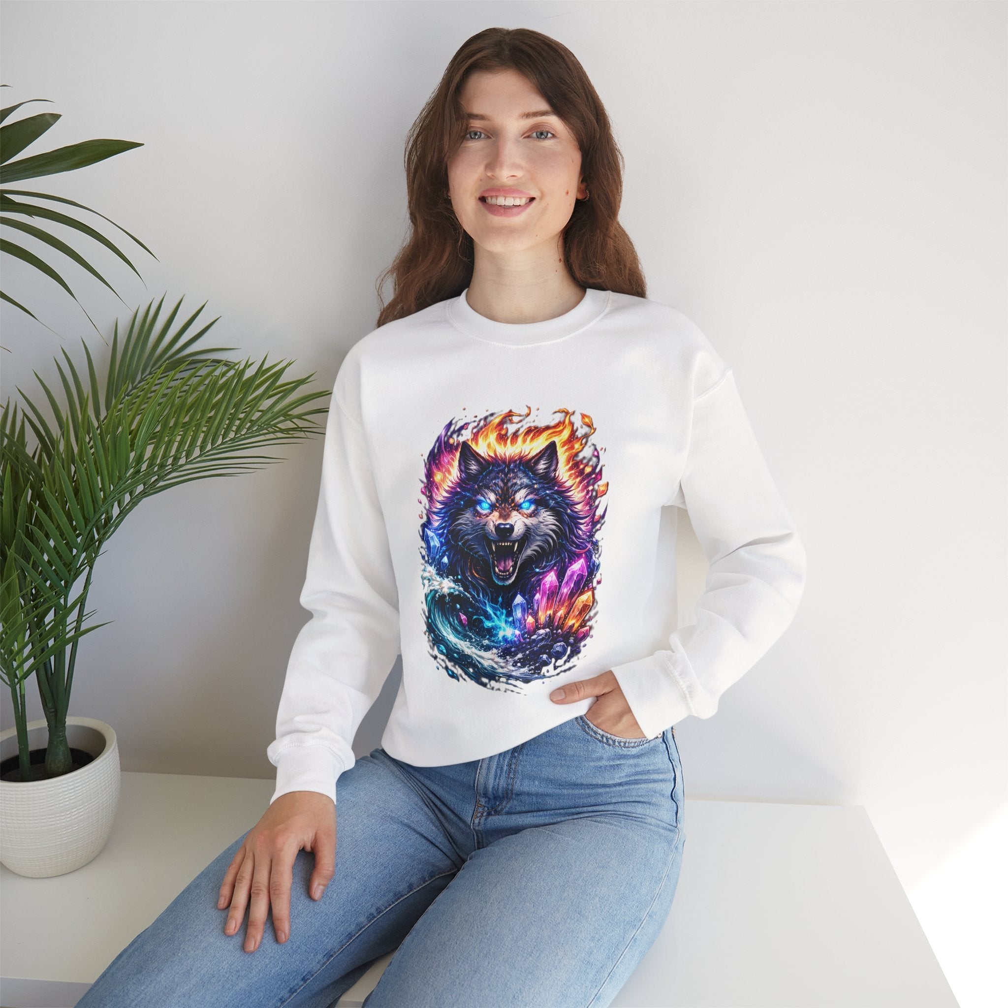Cosmic Wolf Crewneck Sweatshirt — Neon Fire & Ice Wolf Graphic