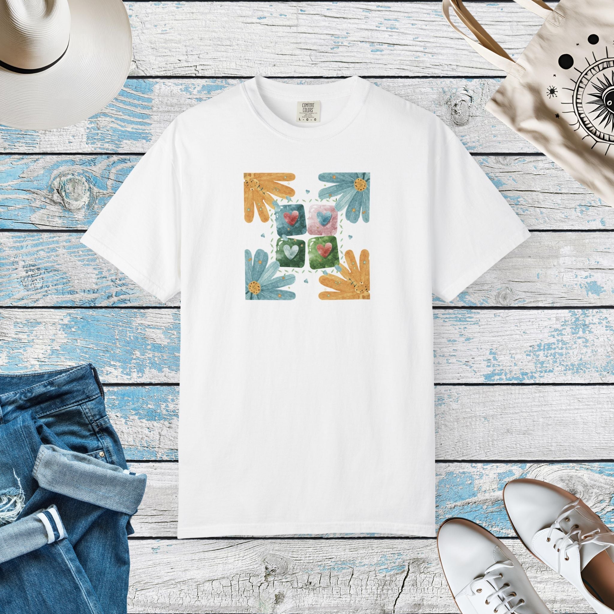 Flowers and Hearts Tee - Garment-Dyed Cotton - DipaliZ