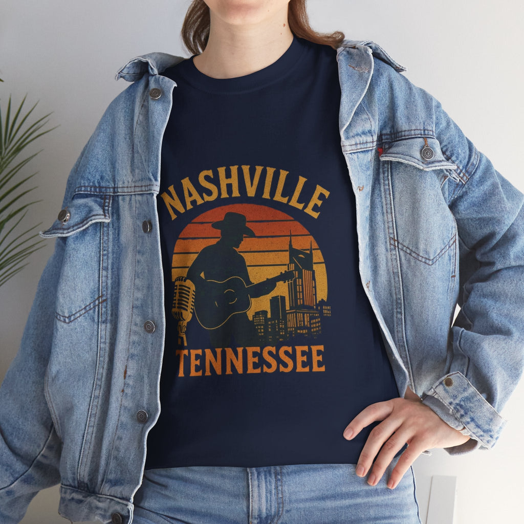 Nashville Tennessee Guitar Silhouette Tee — Retro Sunset Country Music T-Shirt