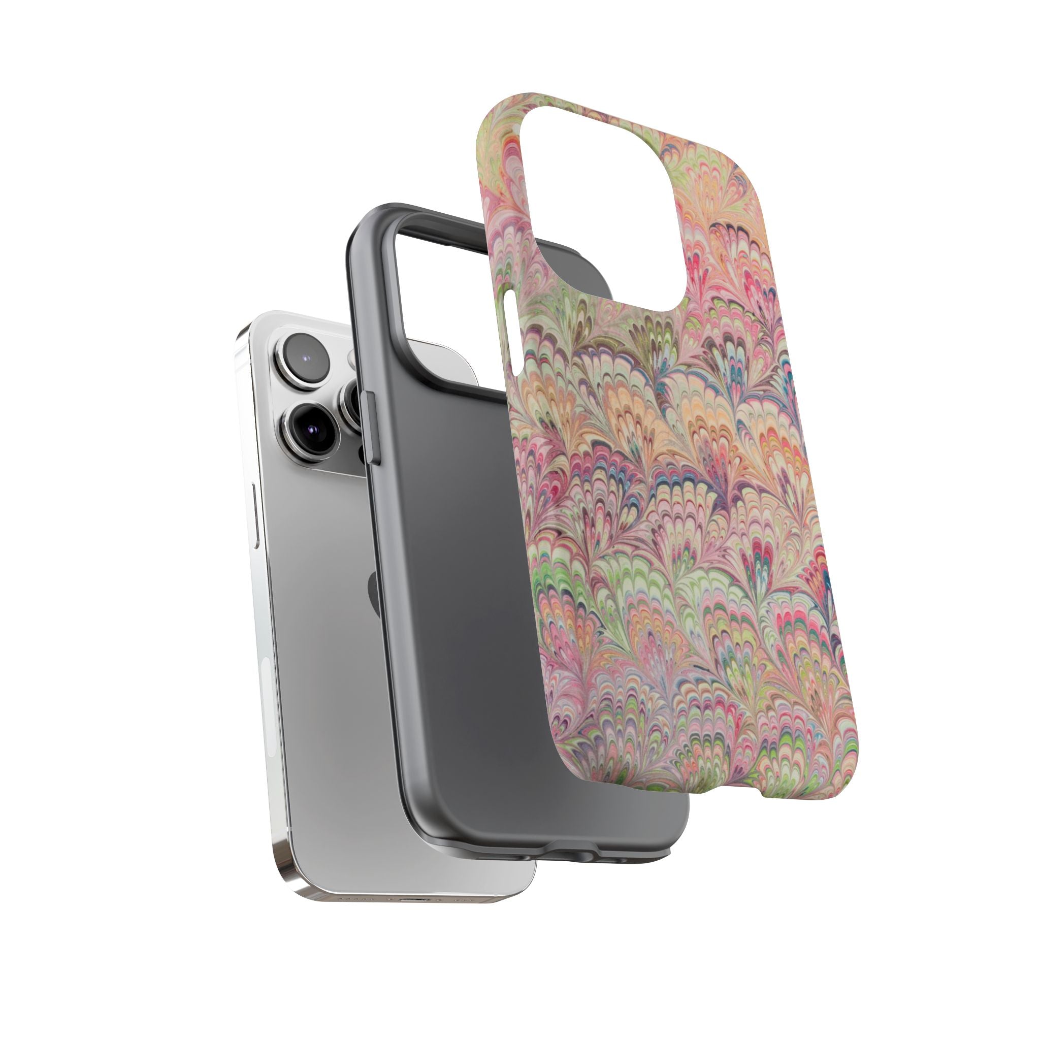 Pastel Pink + Green Feather Marbled Phone Case - Dual Layer Phone Cover