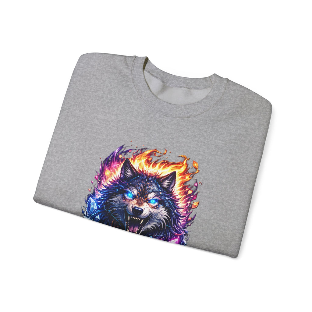 Cosmic Wolf Crewneck Sweatshirt — Neon Fire & Ice Wolf Graphic