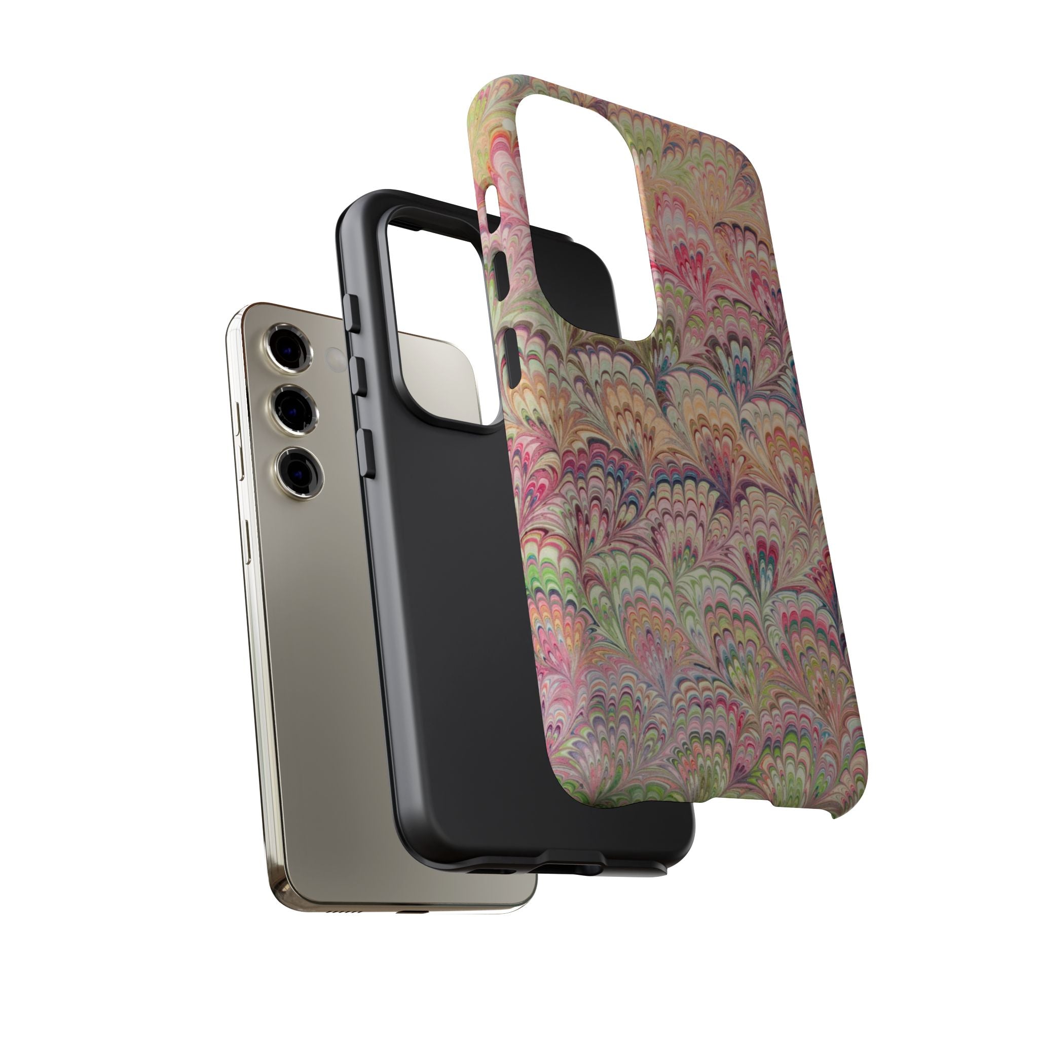 Pastel Pink + Green Feather Marbled Phone Case - Dual Layer Phone Cover