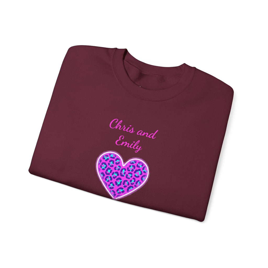 Crewneck Sweatshirt - Personalized Pink & Purple Leopard Heart - Two Customizable Text Boxes
