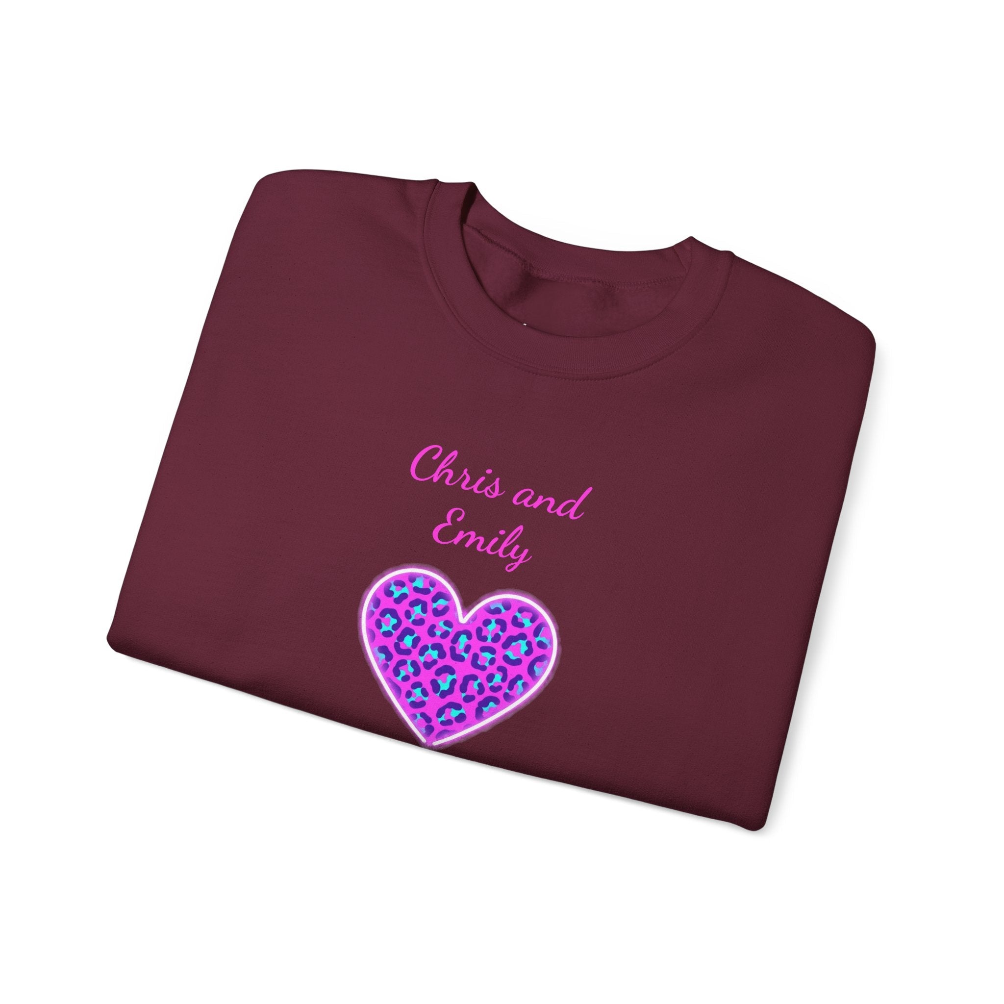 Crewneck Sweatshirt - Personalized Pink & Purple Leopard Heart - Two Customizable Text Boxes