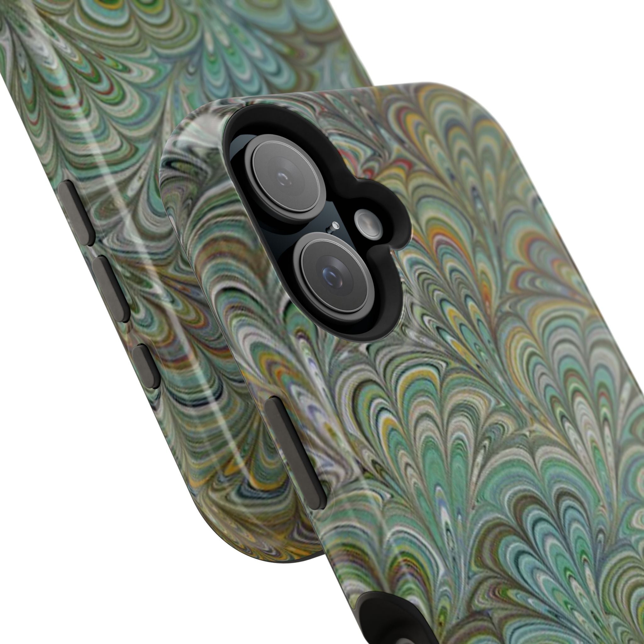 iPhone17 + All Models Phone Cases, Italian Peacock Feather Design, Stylish Impact-Resistant Shell, Protective Cover, Green Peacock Print