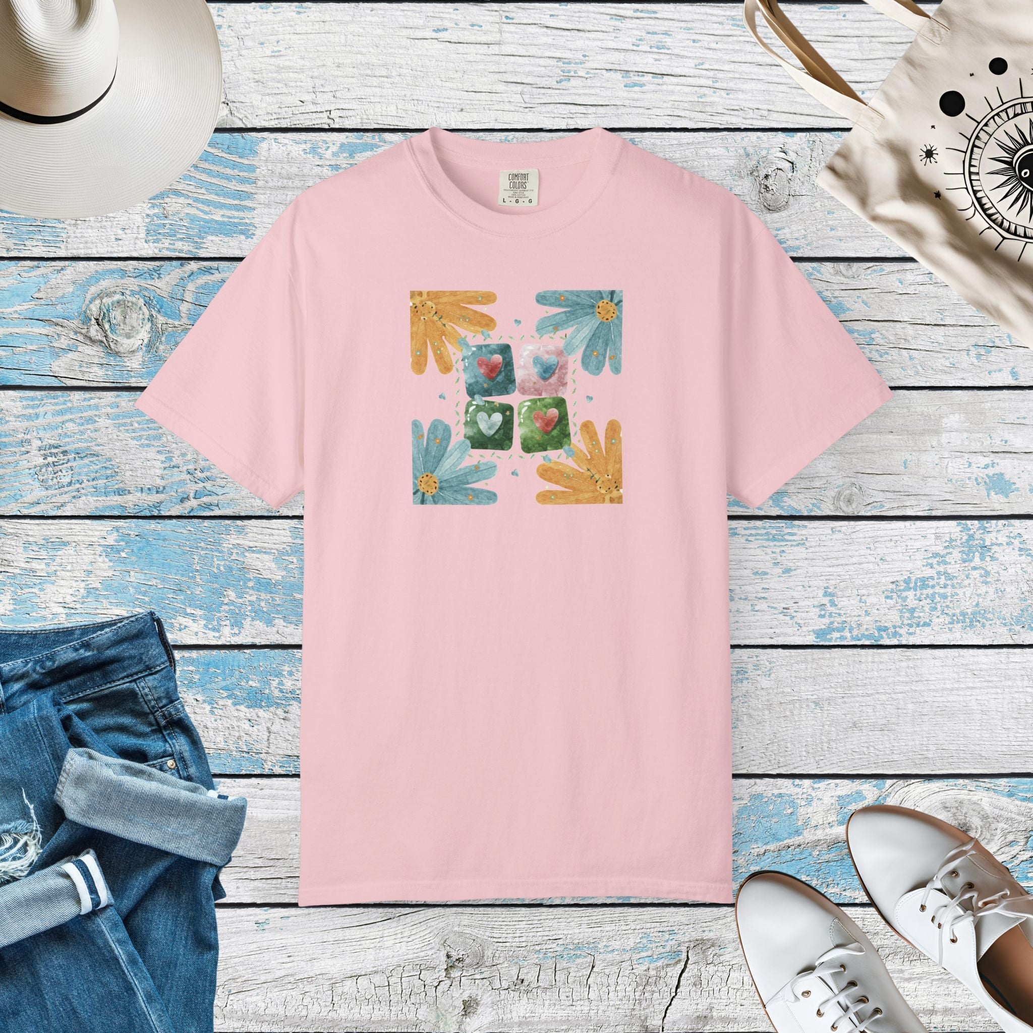 Flowers and Hearts Tee - Garment-Dyed Cotton - DipaliZ