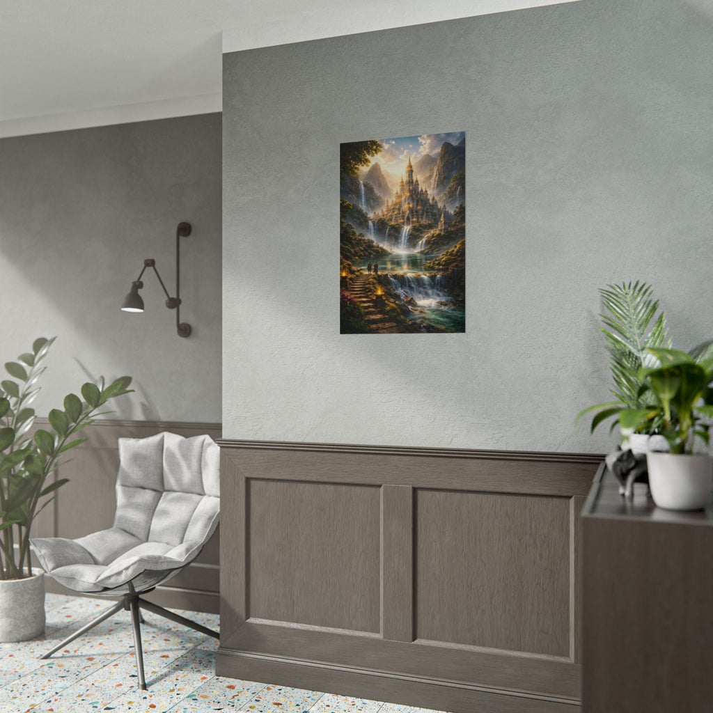 Fantasy Castle Rolled Poster — Enchanted Waterfall Landscape Wall Art