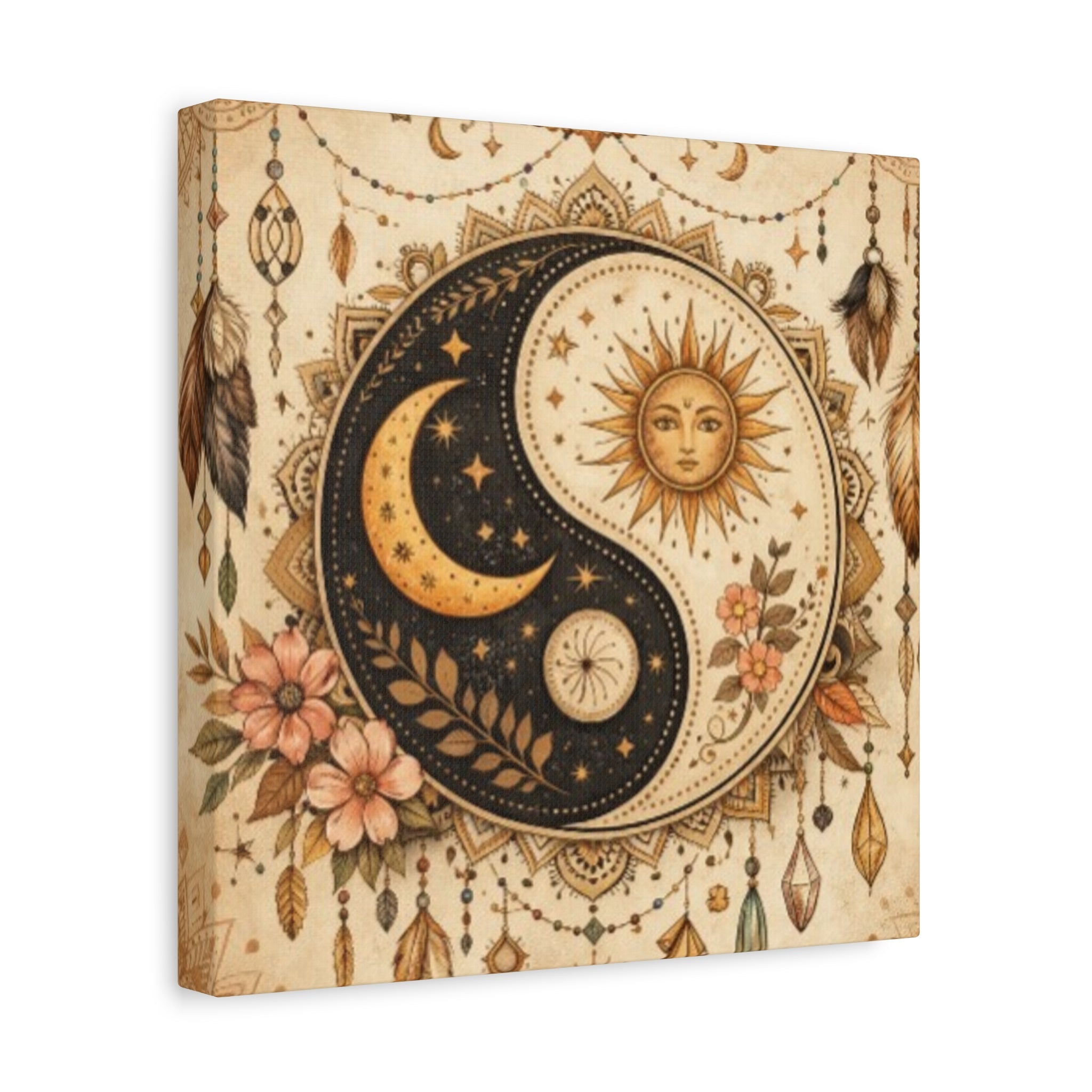 Sun & Moon Yin Yang Canvas Art — Boho Celestial Wall Decor, Matte Stretched 1.25"
