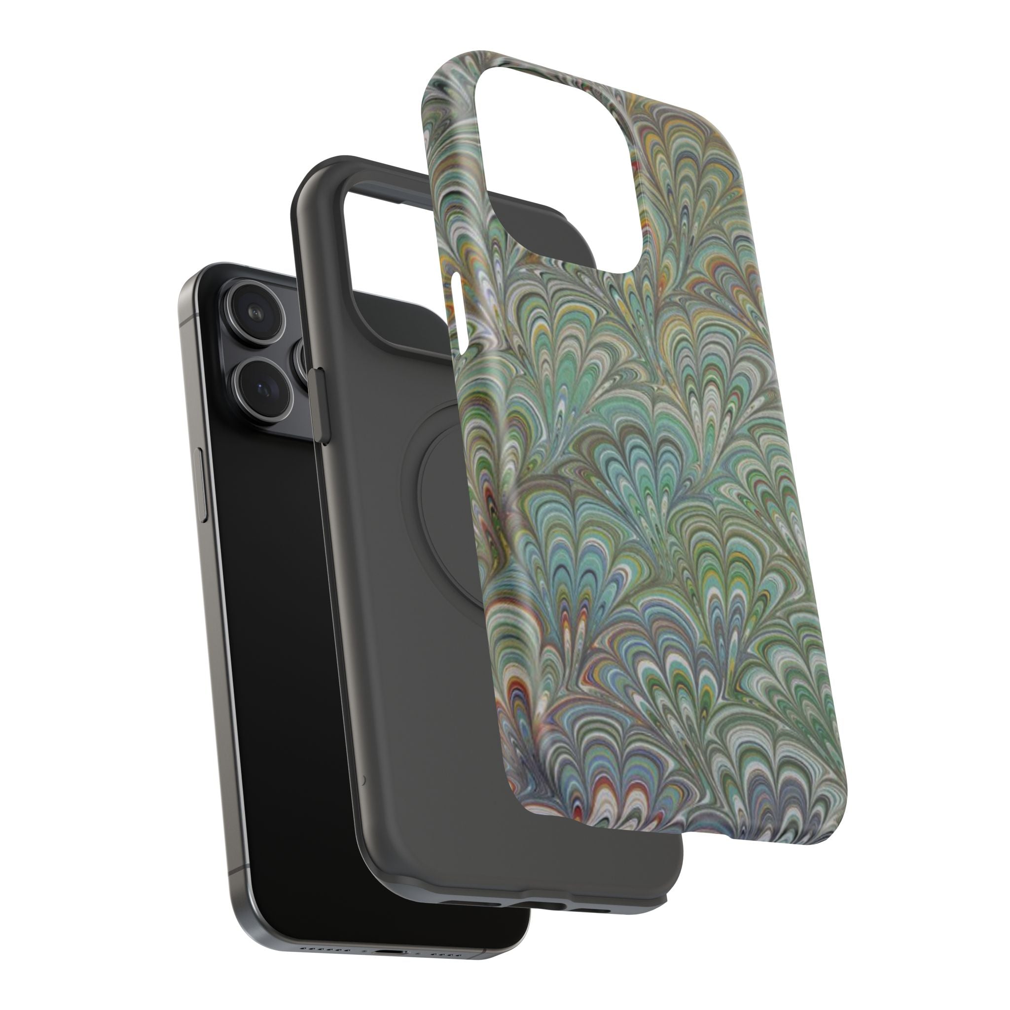 iPhone17 + All Models Phone Cases, Italian Peacock Feather Design, Stylish Impact-Resistant Shell, Protective Cover, Green Peacock Print