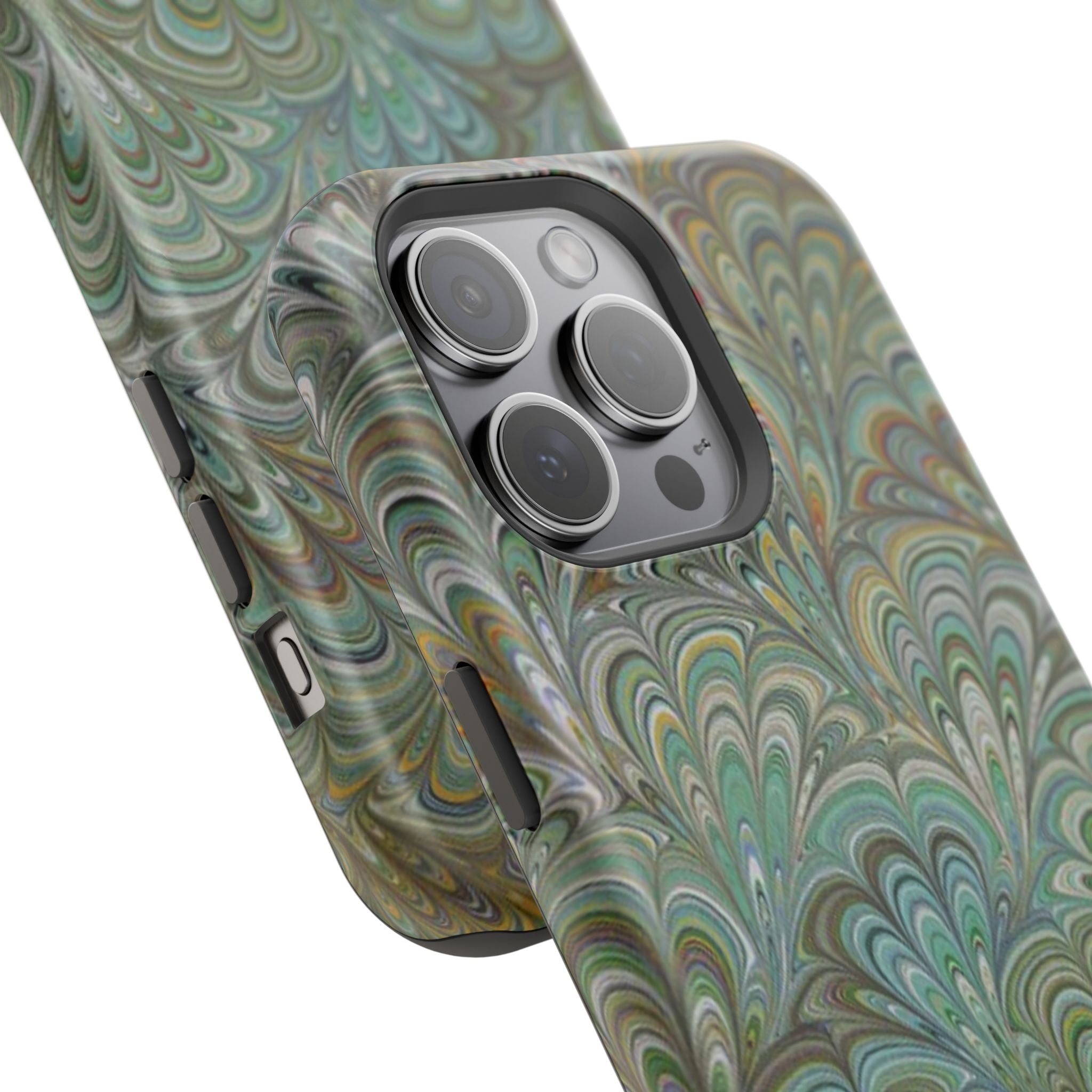 iPhone17 + All Models Phone Cases, Italian Peacock Feather Design, Stylish Impact-Resistant Shell, Protective Cover, Green Peacock Print