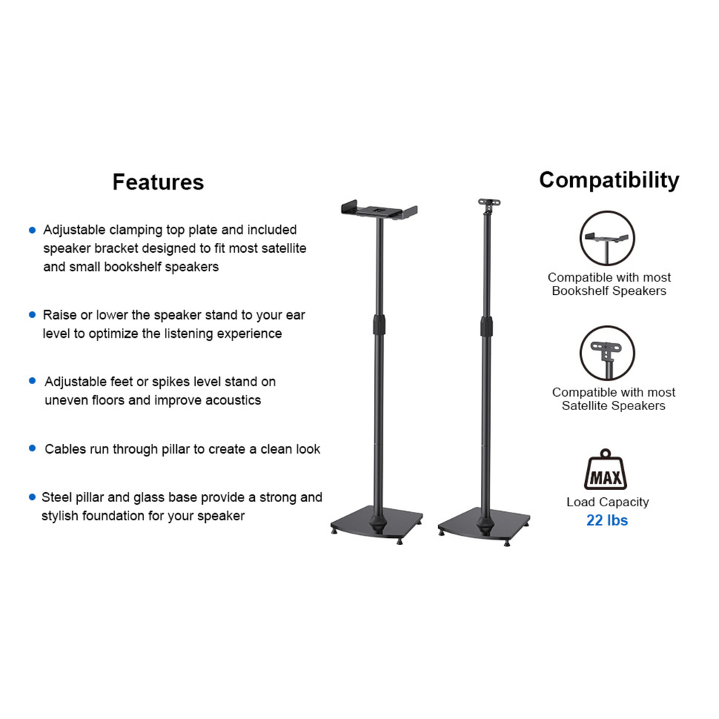 ErgoAV 1-Pair Adjustable Height Bookshelf Speaker Stands