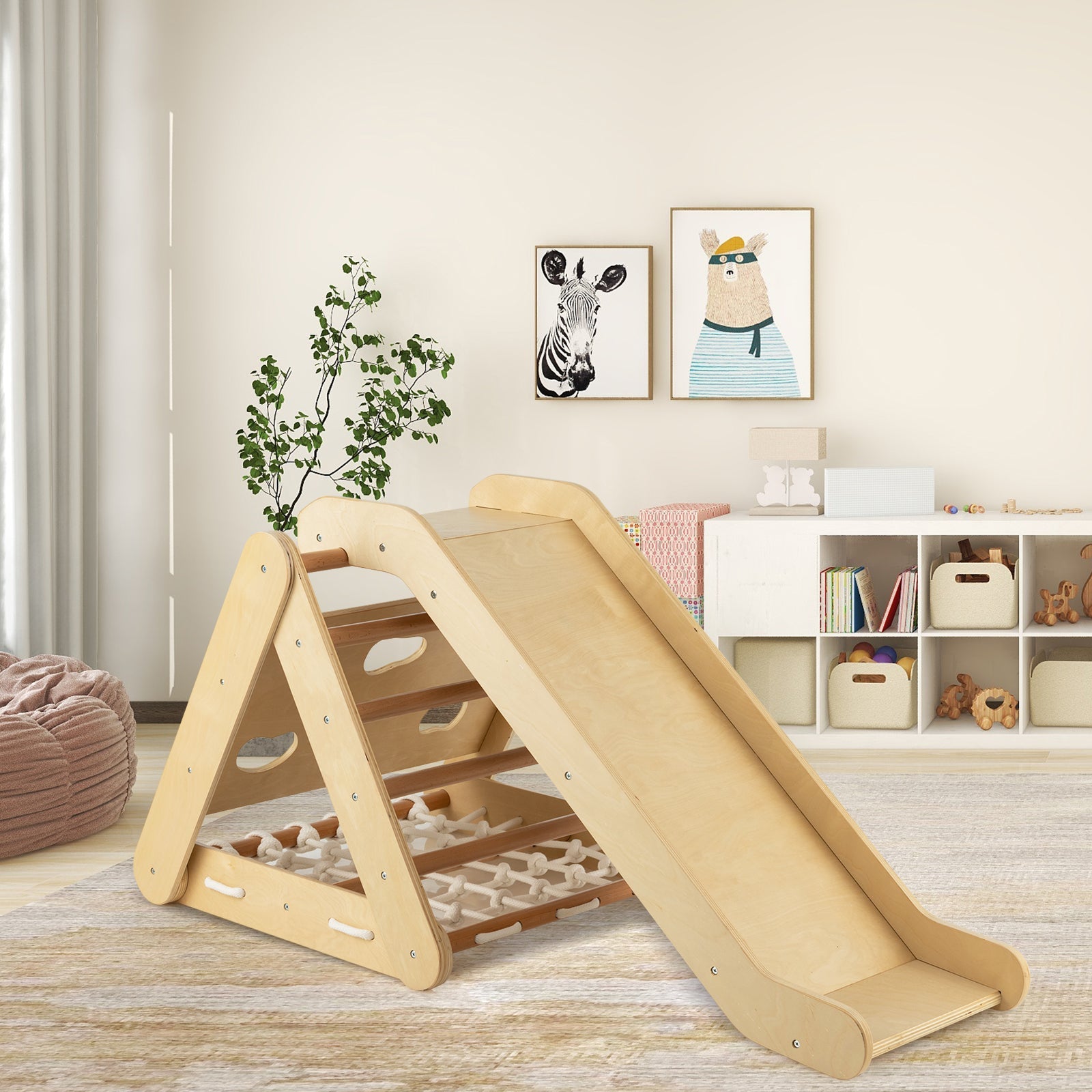 4 in 1 Triangle Climber Toy with Sliding Board and Climbing Net-Natural