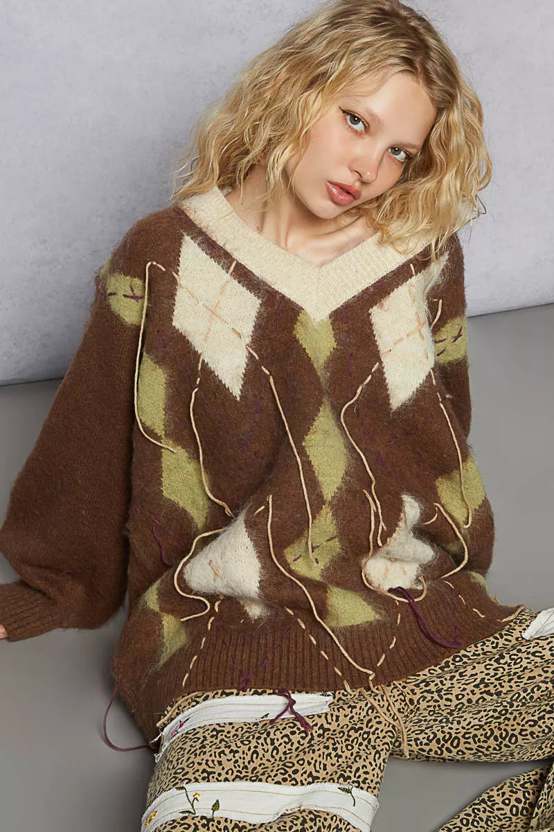 POL V-Neck Argyle Pattern Mohair Sweater with Contrast Exposed Stitch Detail