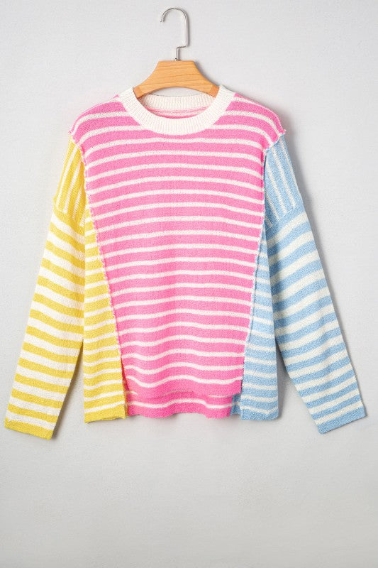 Esther Striped Patchwork Dolman Sleeve Slit Sweate