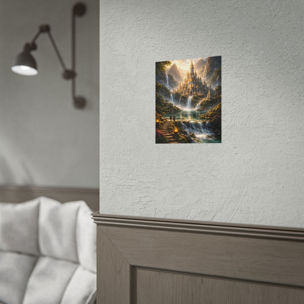 Fantasy Castle Rolled Poster — Enchanted Waterfall Landscape Wall Art