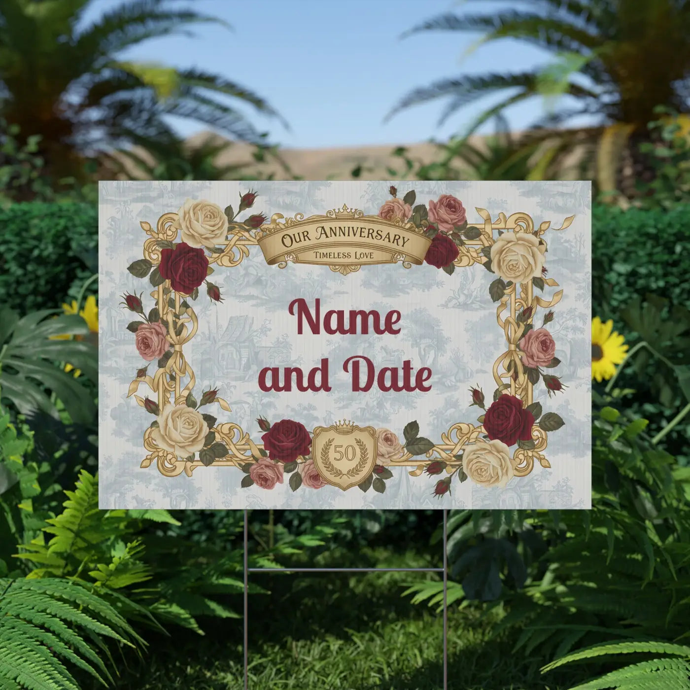 Golden Anniversary Yard Sign - Vintage Florals Milestone - DipaliZ