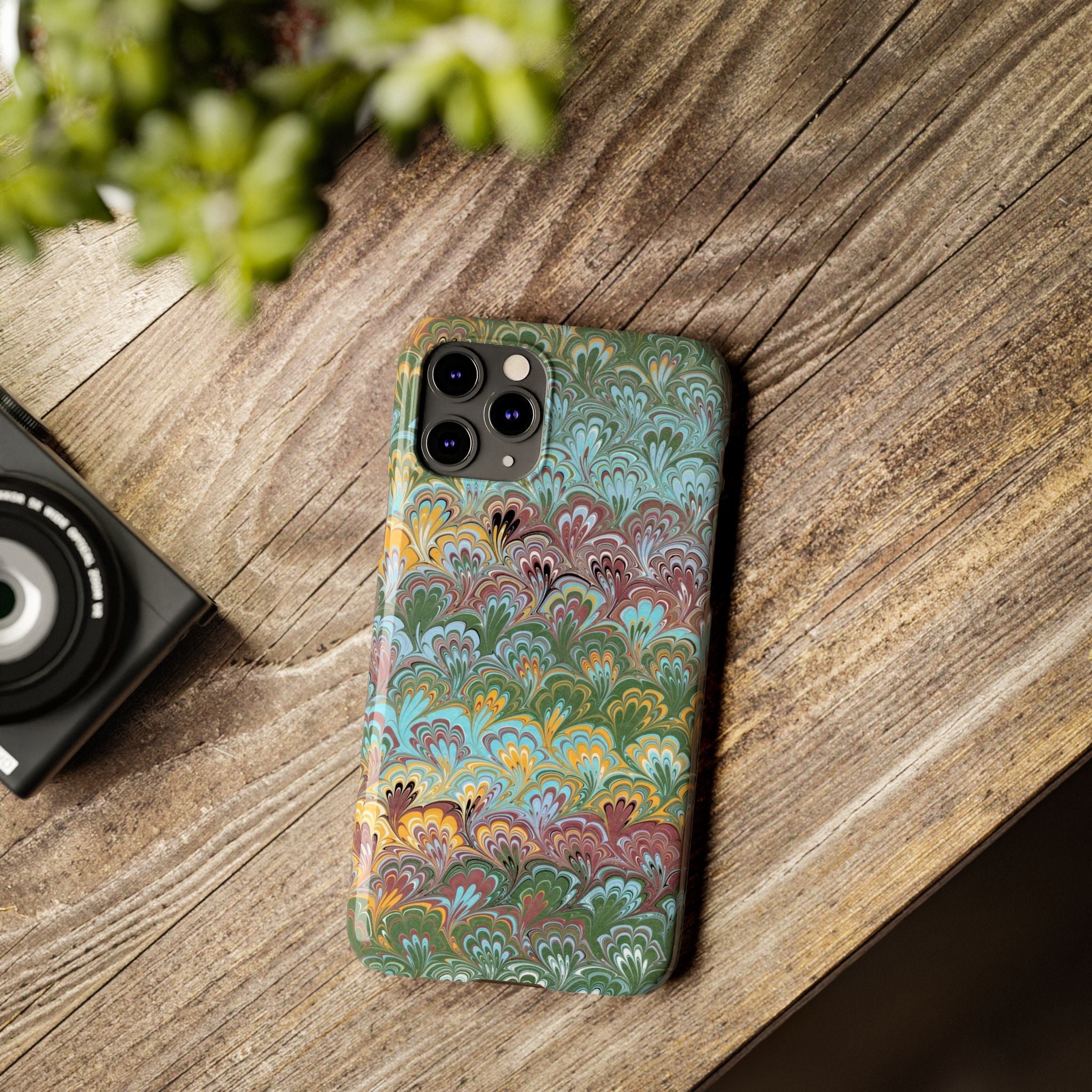 Phone Case with Design from Italy - Marbled "Peacock" Design, Green, Blue, Multi-Color Slim Phone Cases