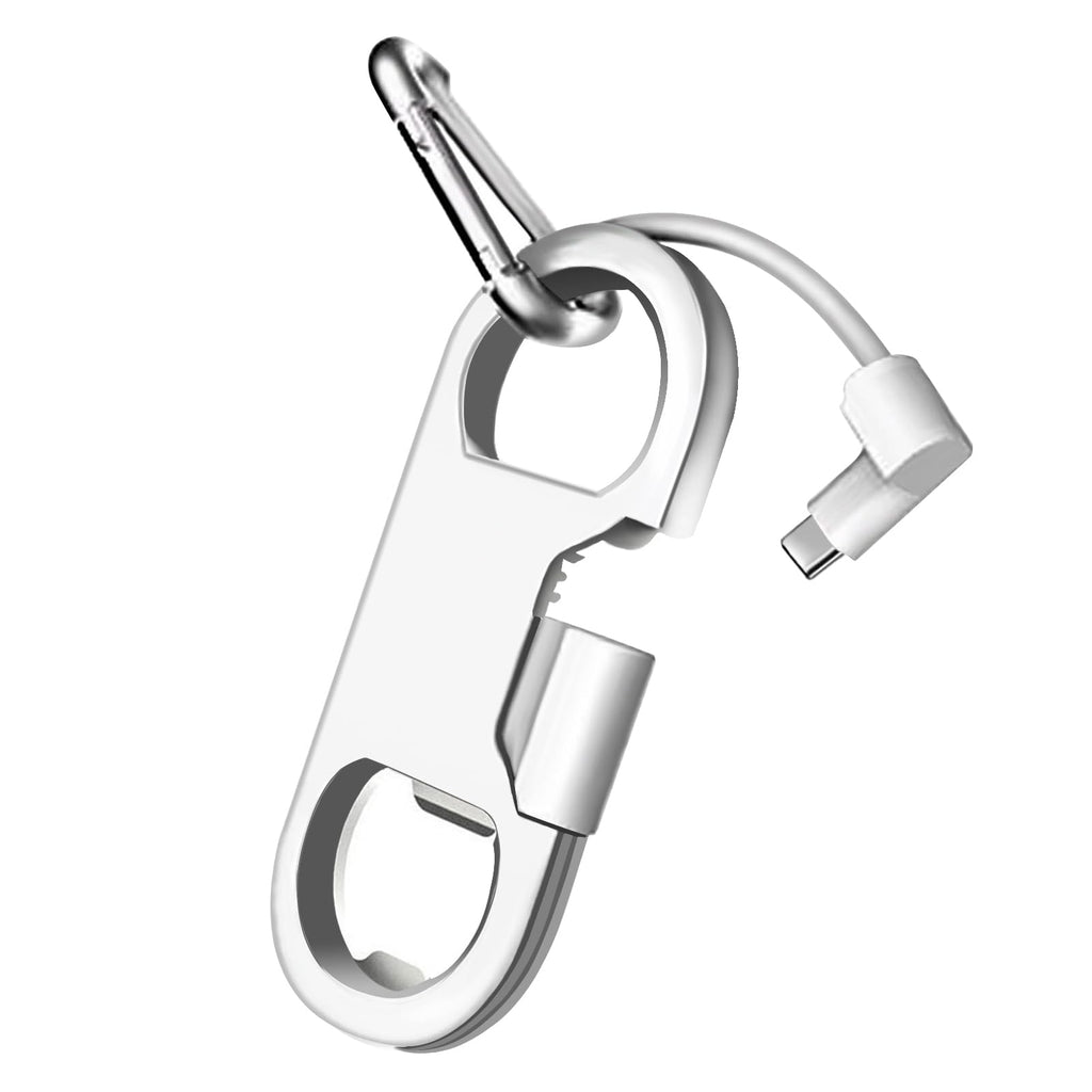 USB-C Keychain Charging Cable — Fast Charge Carabiner Bottle Opener for Samsung Galaxy & Pixel, White