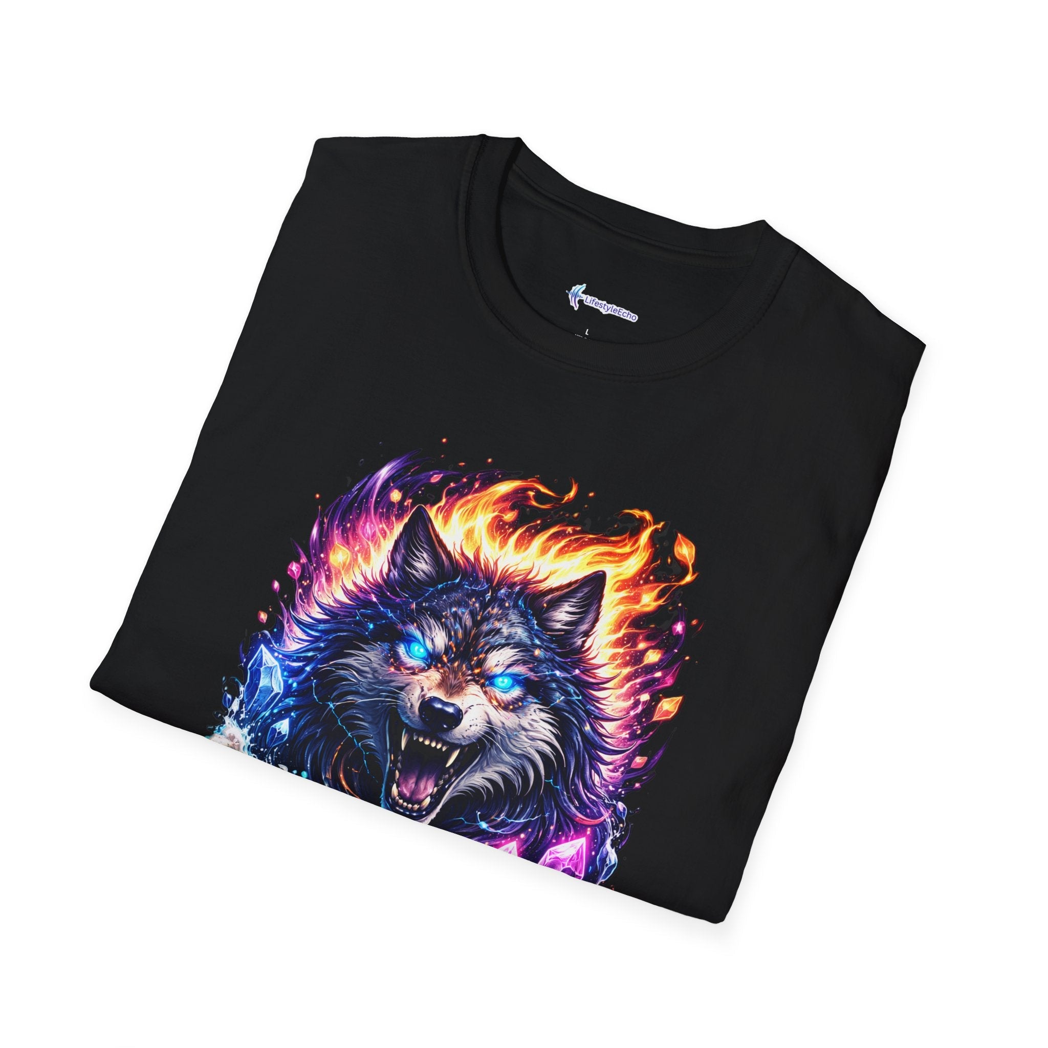 Cosmic Fire Wolf T-Shirt — Vibrant Mystic Wolf Graphic Tee