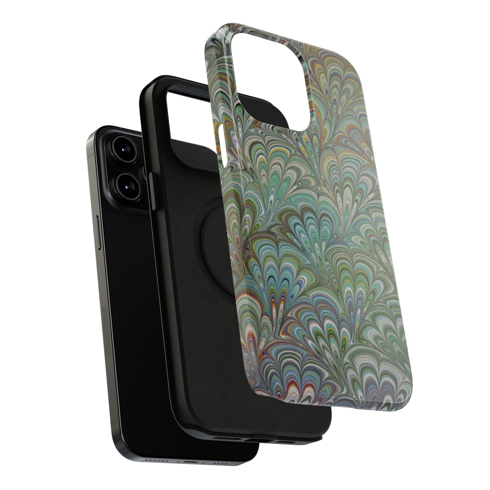 iPhone17 + All Models Phone Cases, Italian Peacock Feather Design, Stylish Impact-Resistant Shell, Protective Cover, Green Peacock Print
