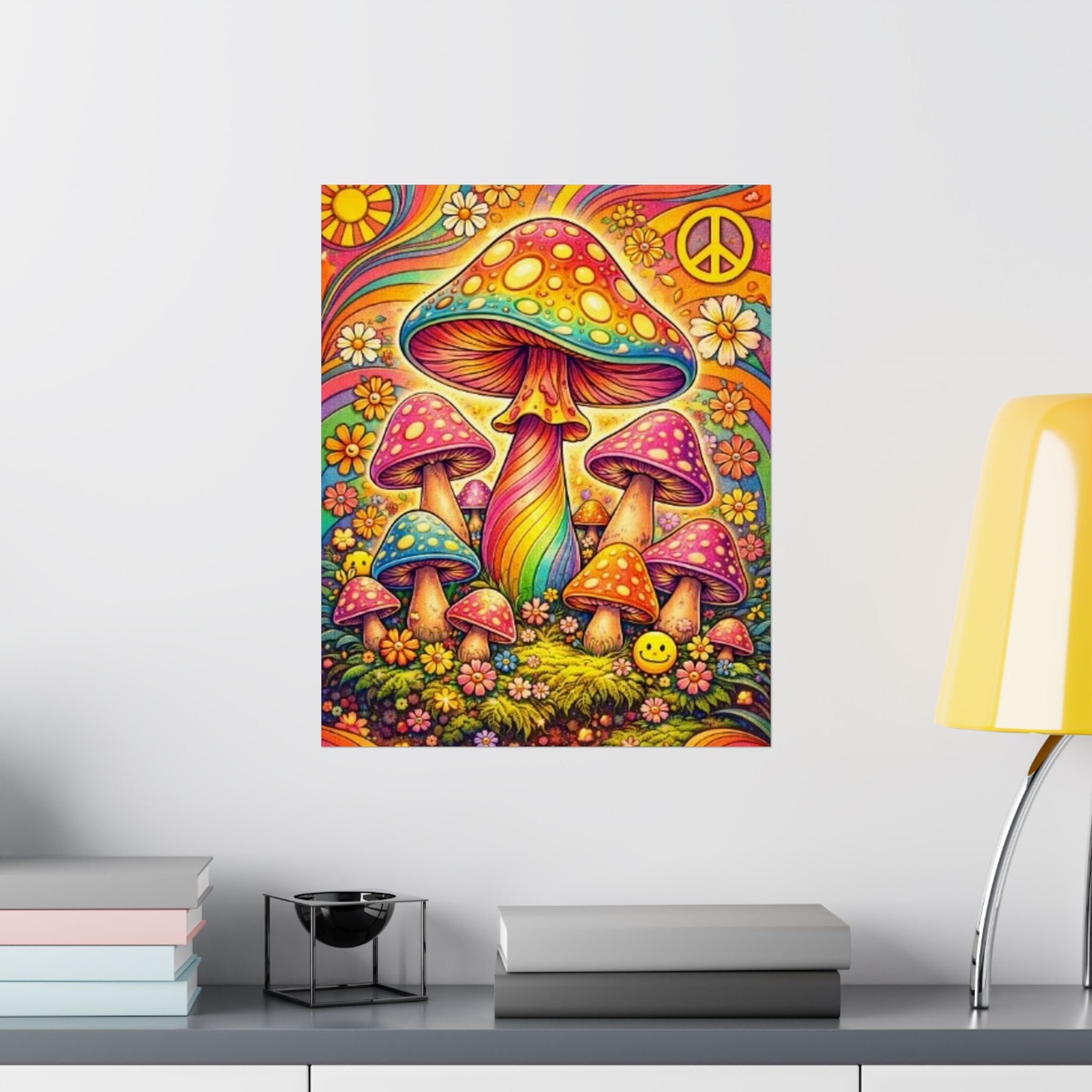 Psychedelic Mushroom Art Poster — Retro Rainbow Peace Wall Print