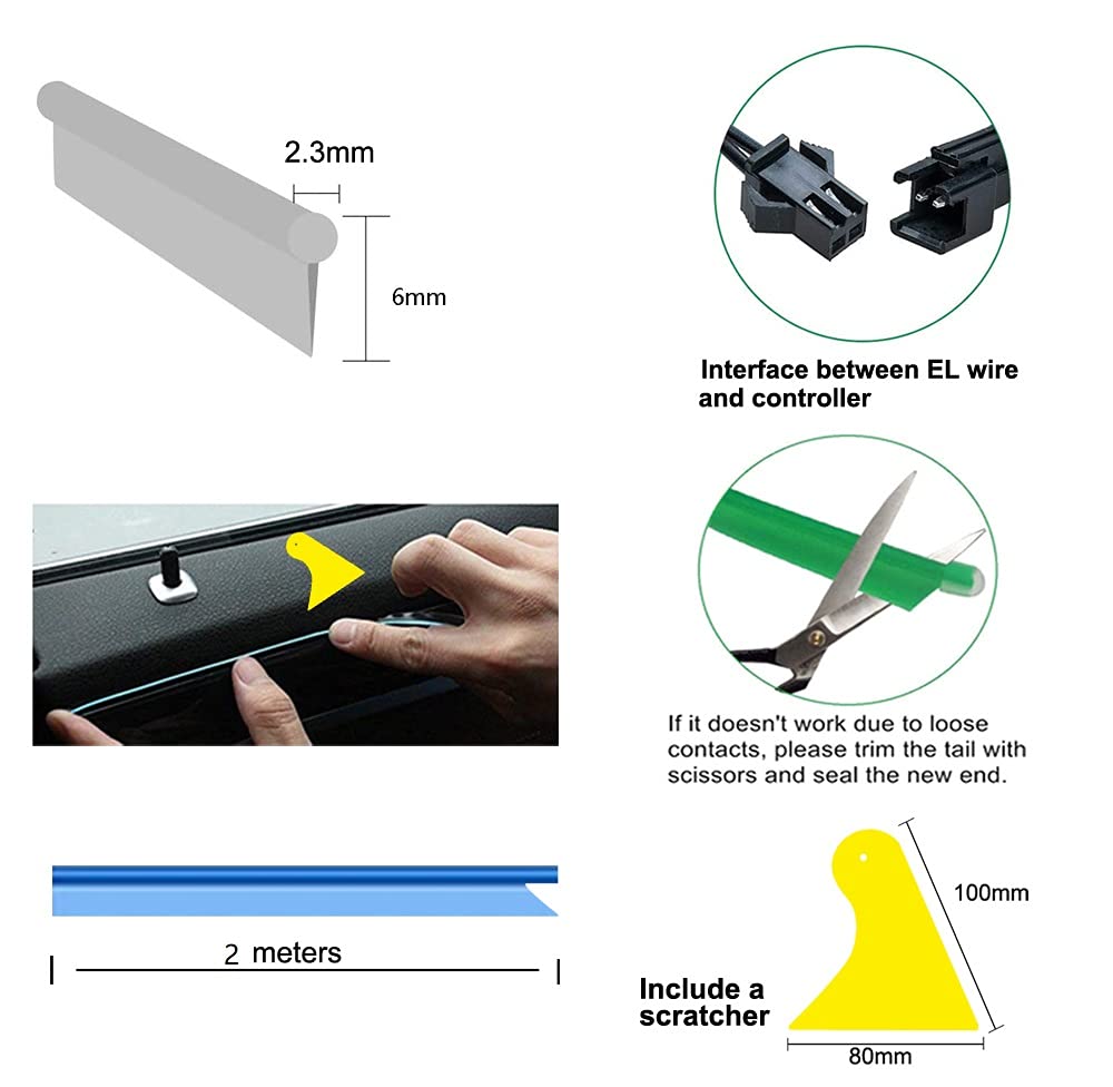 Blue EL Wire Car Interior Neon Strip Lights 2M — USB 5V with Fuse Protection for Dashboard & Trim