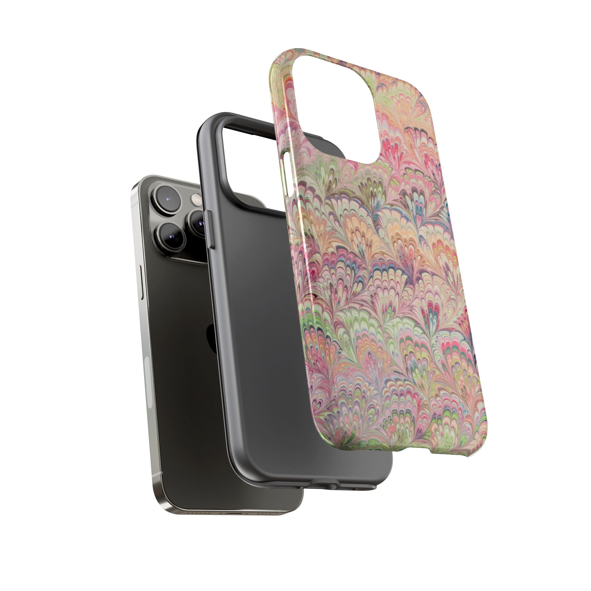 Pastel Pink + Green Feather Marbled Phone Case - Dual Layer Phone Cover