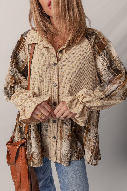 Boho Floral Plaid Patchwork Ruffle Sleeve Waffle Shacket