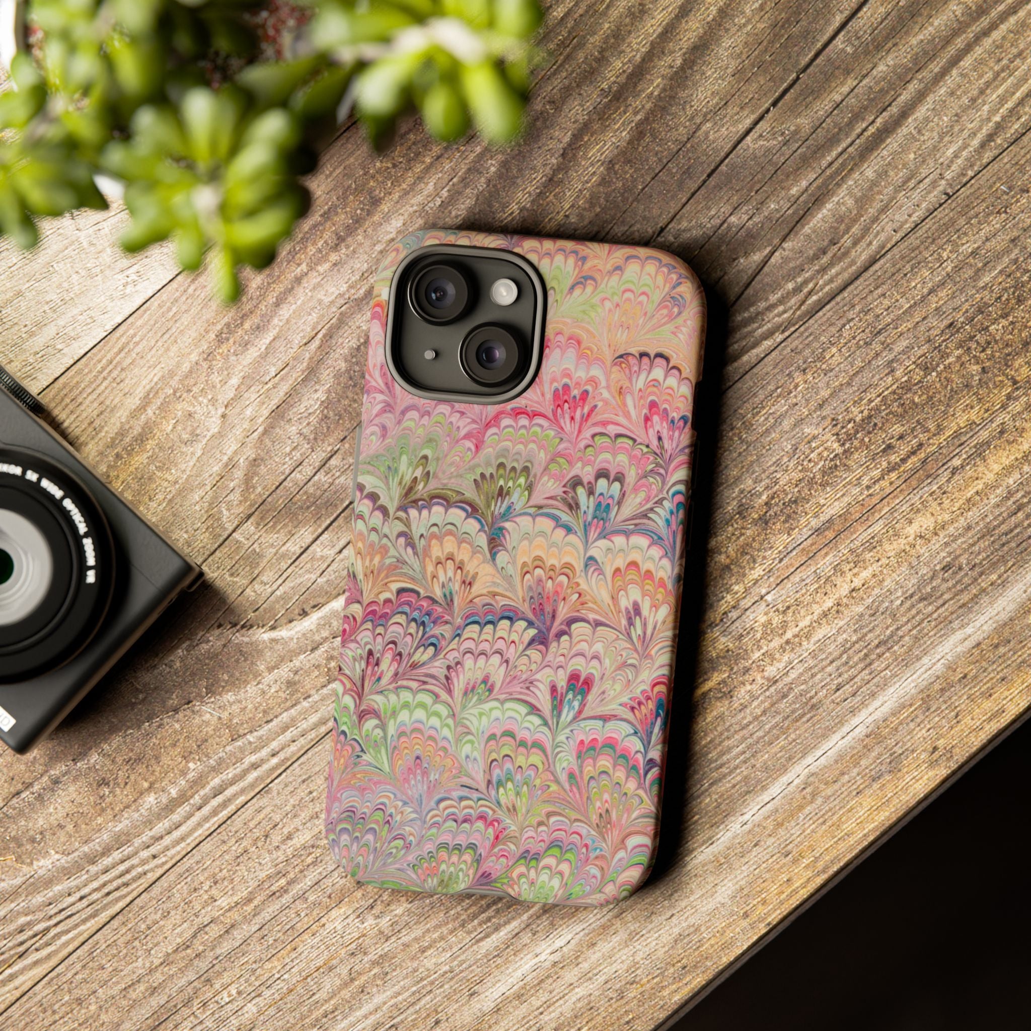 Pastel Pink + Green Feather Marbled Phone Case - Dual Layer Phone Cover
