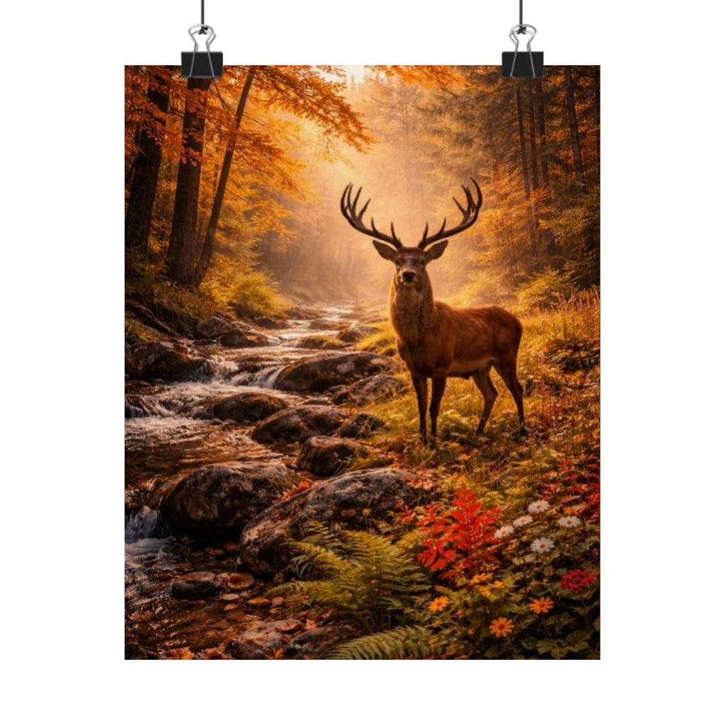 Deer in Autumn Forest Matte Vertical Poster — Rustic Woodland Wall Art