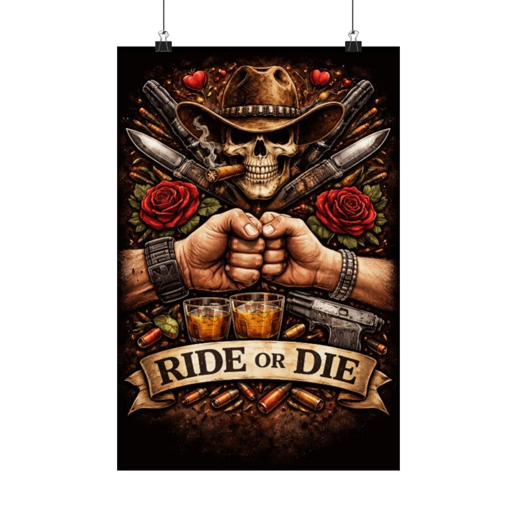 Ride or Die Skull Poster — Cowboy Skull, Fist Bump Motorcycle Bar Art
