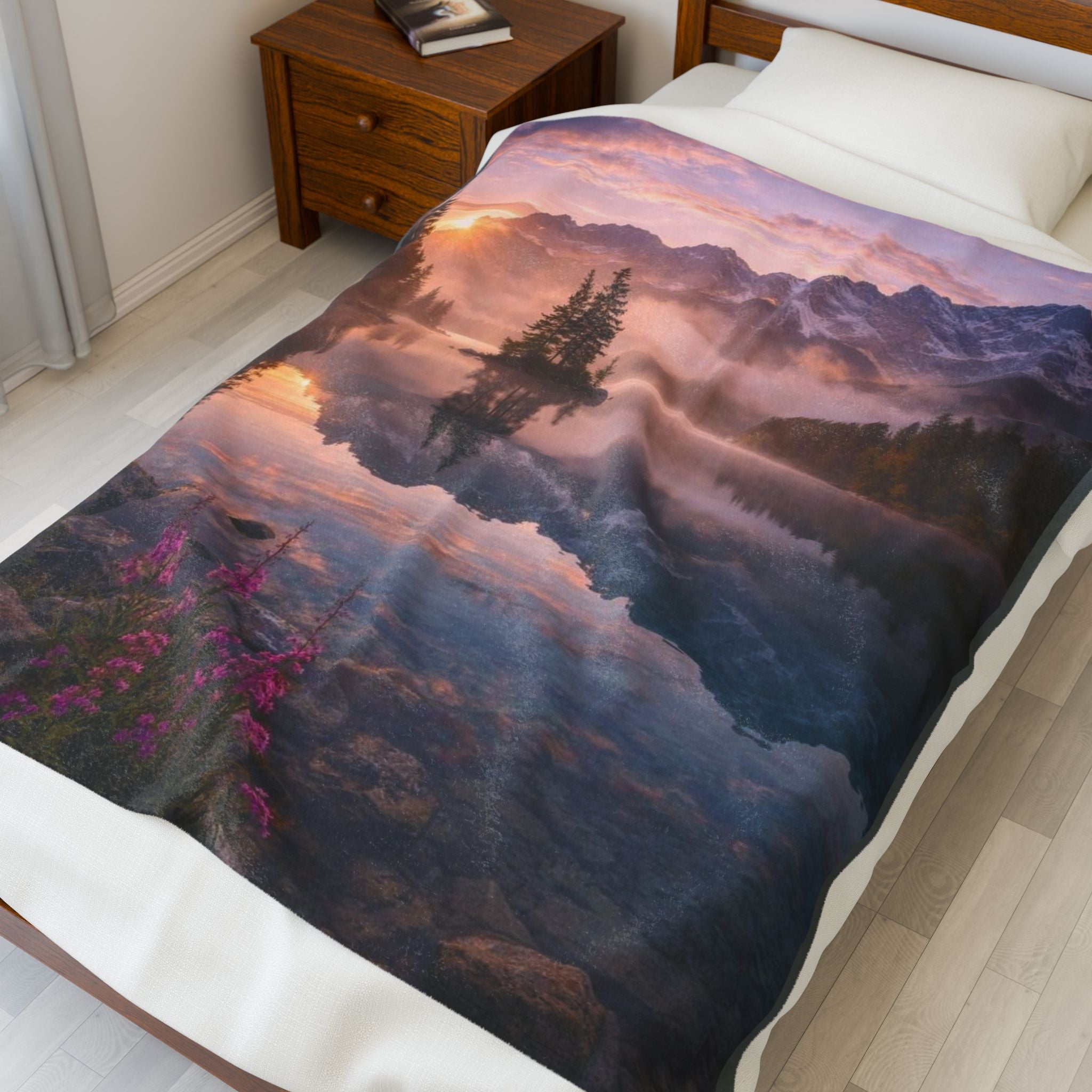 Mountain Lake Sunset Velveteen Plush Blanket — Cozy Nature Scenery Throw