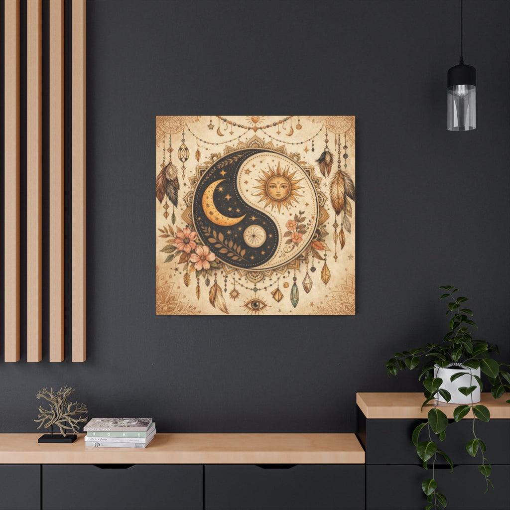 Sun & Moon Yin Yang Canvas Art — Boho Celestial Wall Decor, Matte Stretched 1.25"