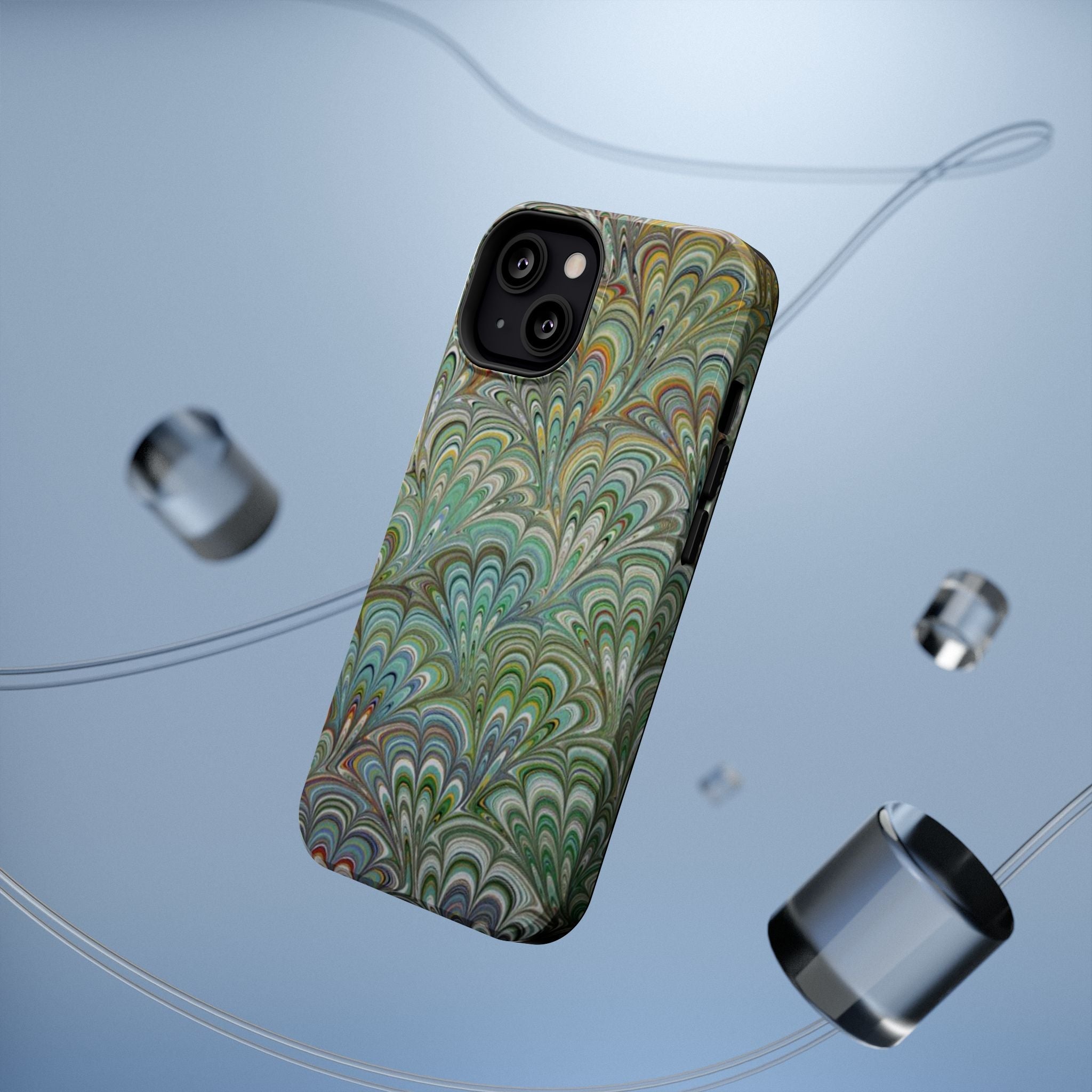 iPhone17 + All Models Phone Cases, Italian Peacock Feather Design, Stylish Impact-Resistant Shell, Protective Cover, Green Peacock Print