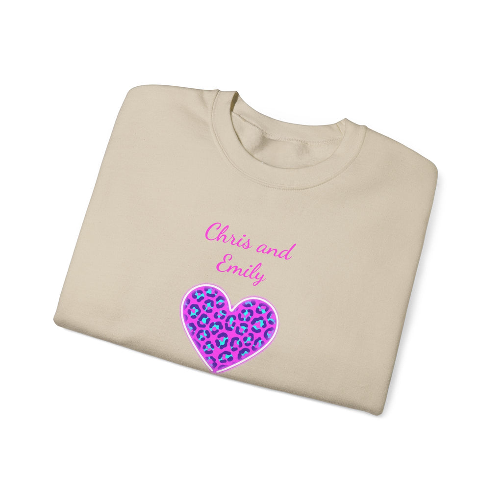Crewneck Sweatshirt - Personalized Pink & Purple Leopard Heart - Two Customizable Text Boxes