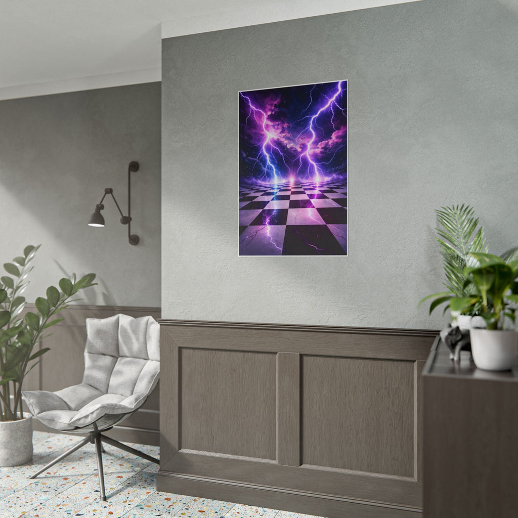 Rolled Poster — Neon Lightning Chessboard Wall Art (Purple Electric Vaporwave)